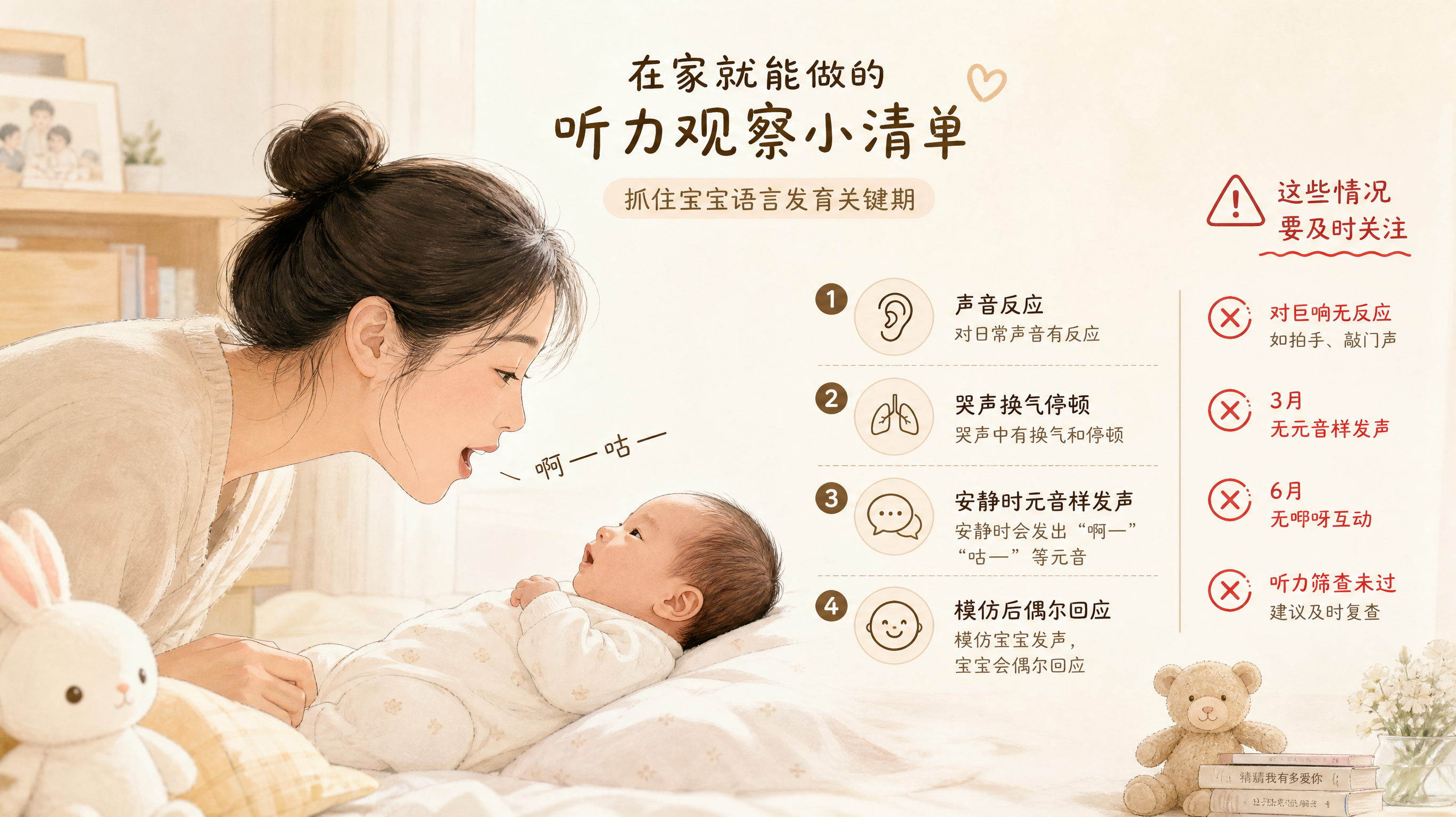 温柔浅杏色调的手绘插画风格，室内家庭卧室/客厅一角，中国年轻妈妈俯身与中国新生儿面对面，妈妈嘴型轻轻