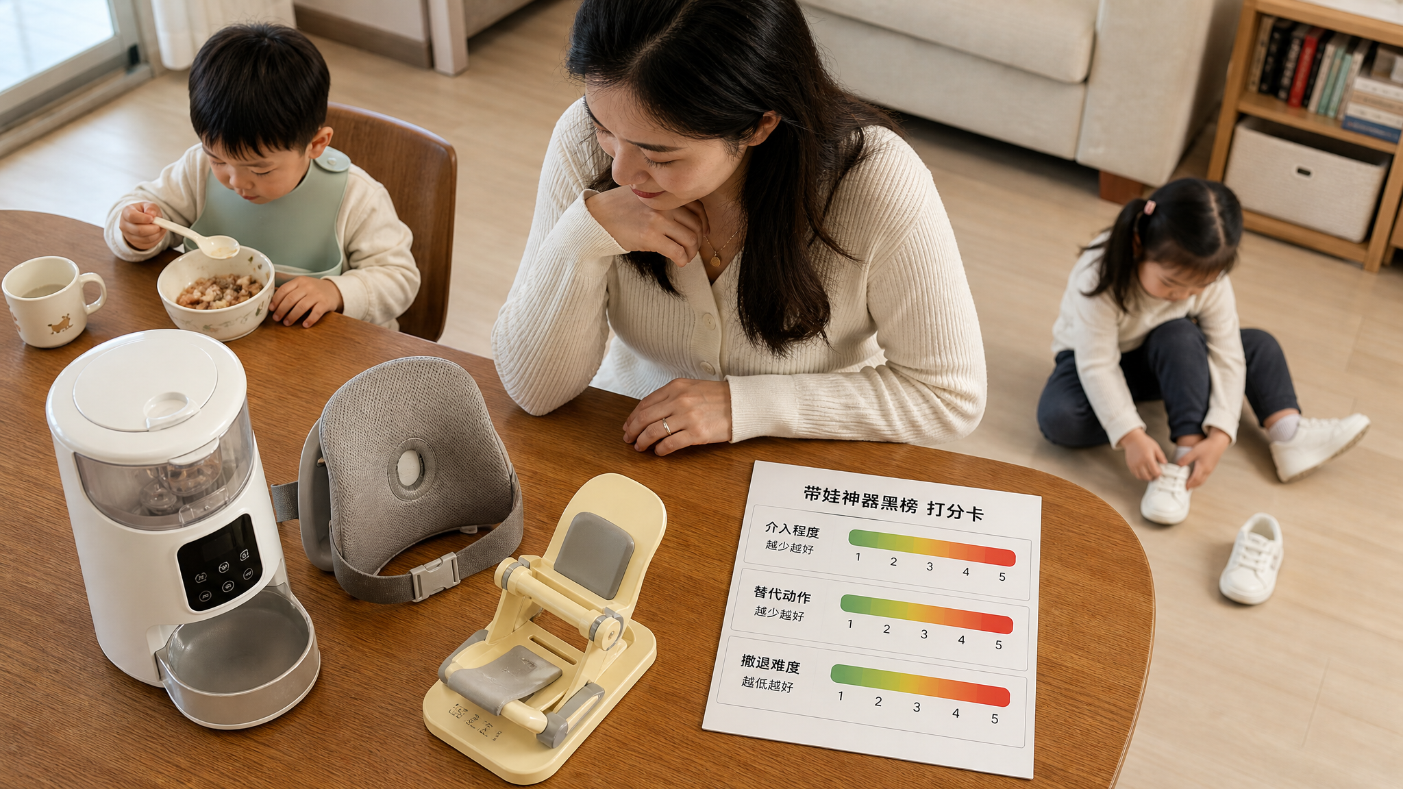 中国年轻妈妈在家中餐桌旁整理“带娃神器黑榜”打分卡，桌面摆放三样常见育儿辅助用品（自动喂饭机、坐姿矫