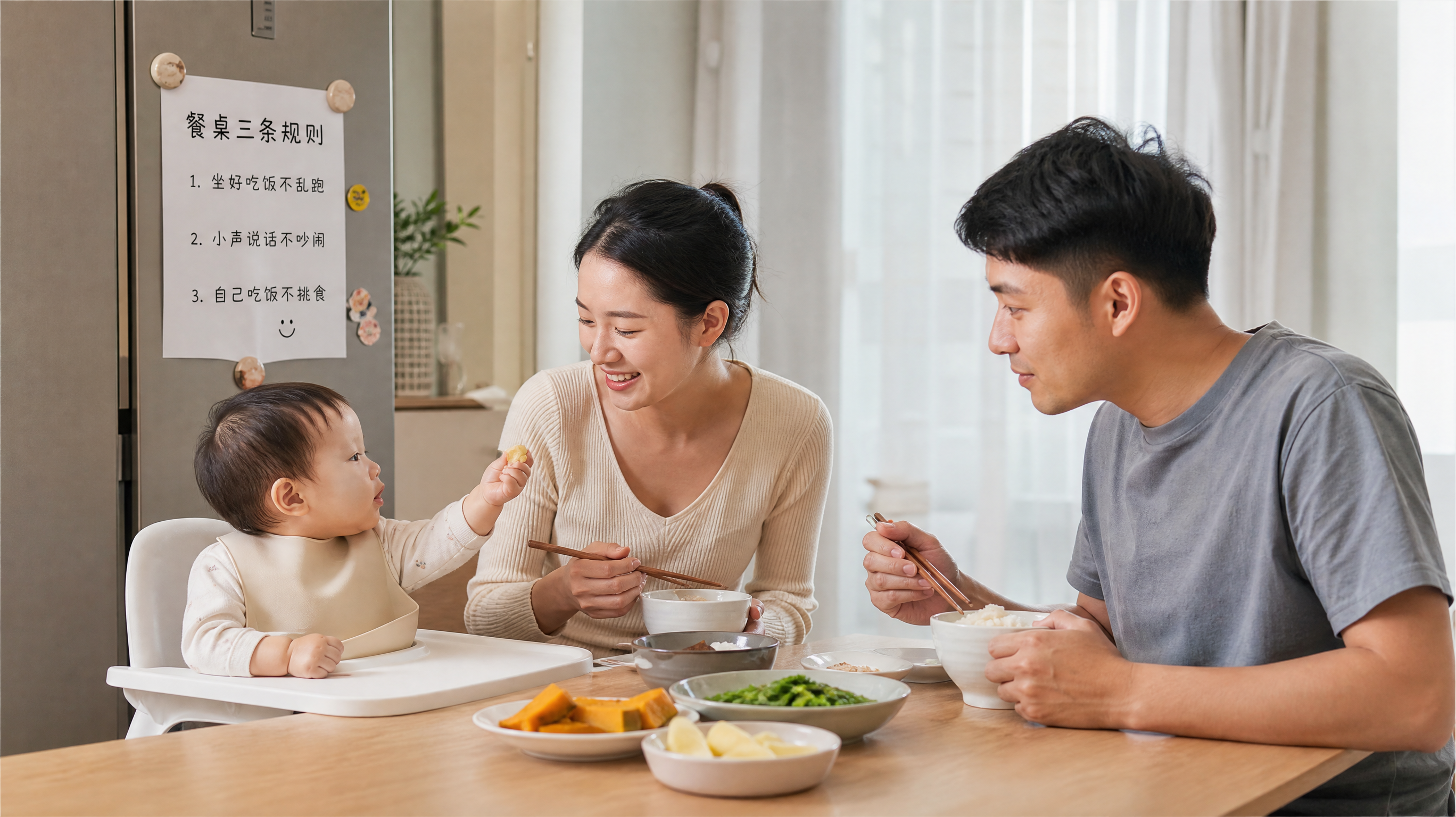 中国年轻父母与10-12个月中国宝宝在家中餐桌用餐场景，宝宝坐在餐椅里伸手拿小块食物，妈妈和爸爸坐在