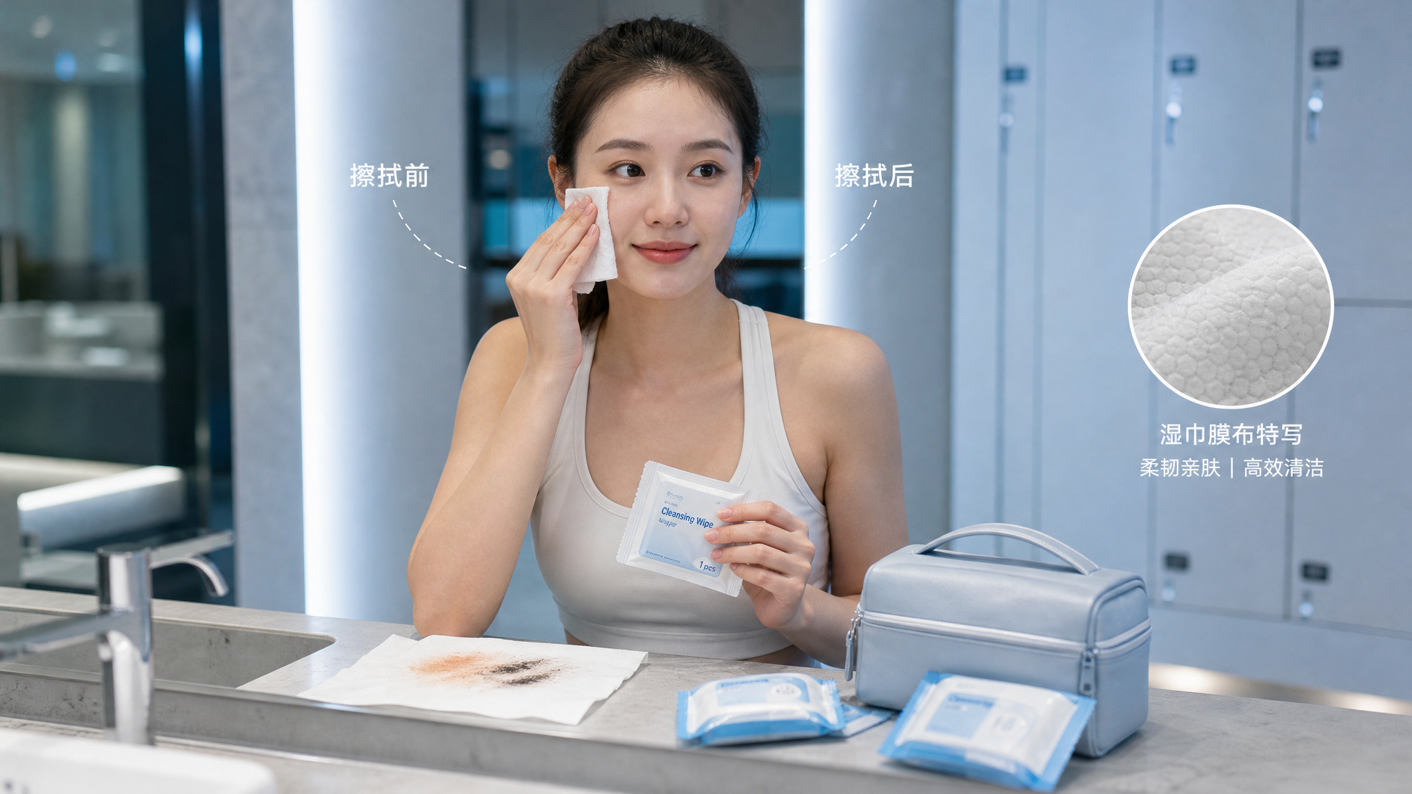 中国年轻女性在健身房更衣区的洗手台前,手里拿着独立包装卸妆湿巾,正在轻柔擦拭脸颊并对比“擦拭前后”效
