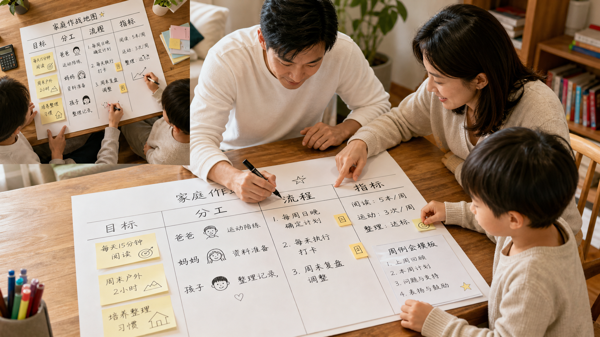 中国年轻父母与一名中国5-6岁儿童在家中餐桌旁进行“家庭作战地图”规划，桌上有一块白板或纸质OKR看