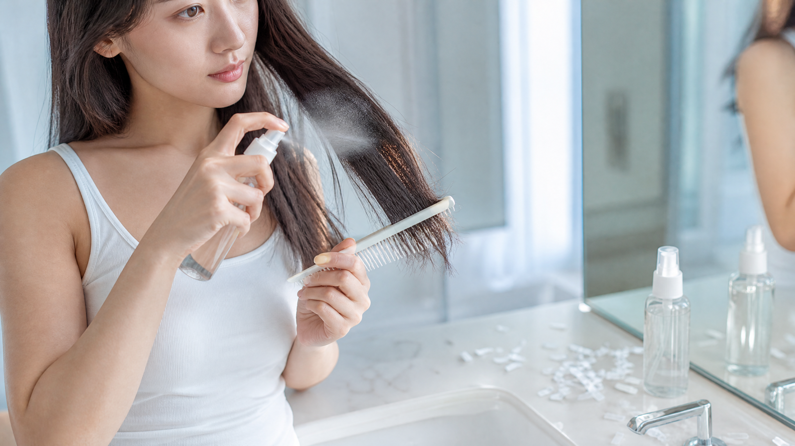 中国年轻女性在明亮干净的浴室镜前,穿简洁白色背心,手持无香免洗护发喷雾对着一束发尾轻喷,另一只手拿细