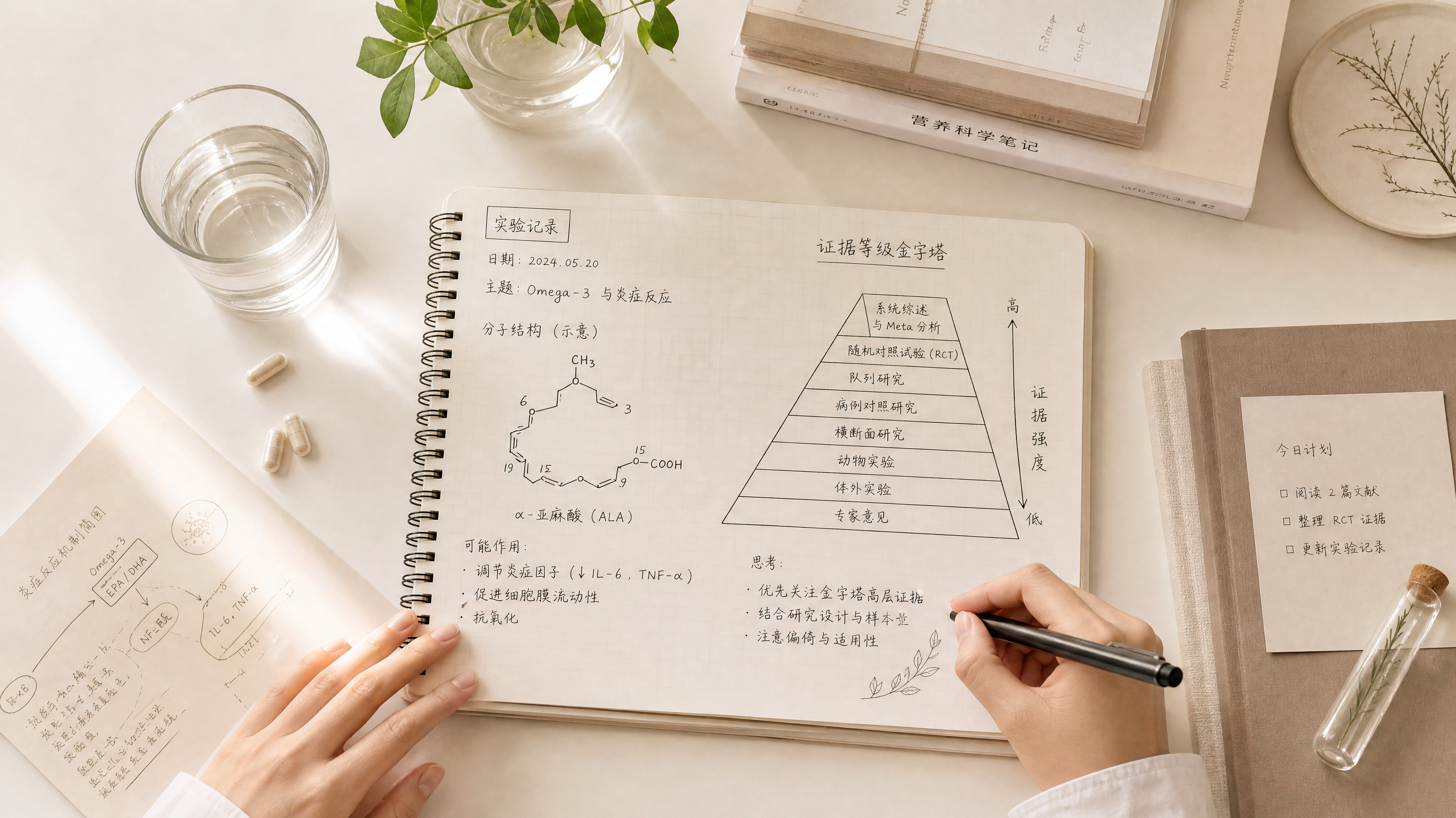 米白色治愈系桌面场景，中国年轻女性的双手在写实验记录笔记，旁边摆放透明玻璃水杯与几粒胶囊、简洁的分子