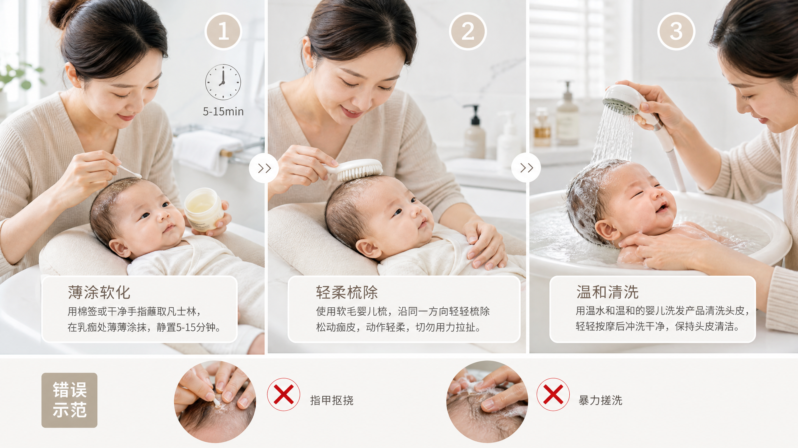 乳痂别抠别搓：凡士林软化后单向梳除更安全