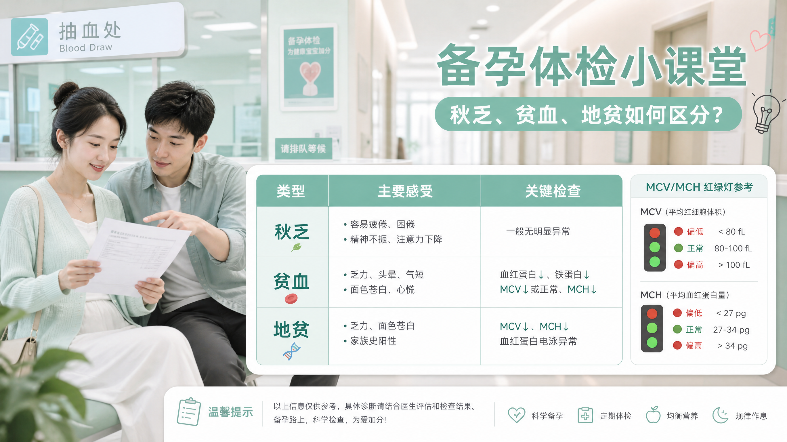 清爽薄荷绿医疗科普信息图风格画面，中国年轻备孕夫妻坐在医院采样窗口旁的等候区，妻子手拿体检报告单，丈