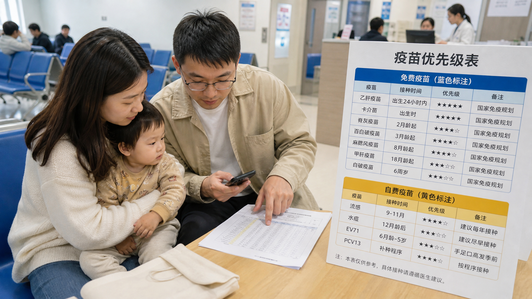 中国年轻父母在儿童接种门诊外的等候区，妈妈抱着1-3岁中国幼儿，爸爸拿着手机和纸质清单在做“疫苗优先