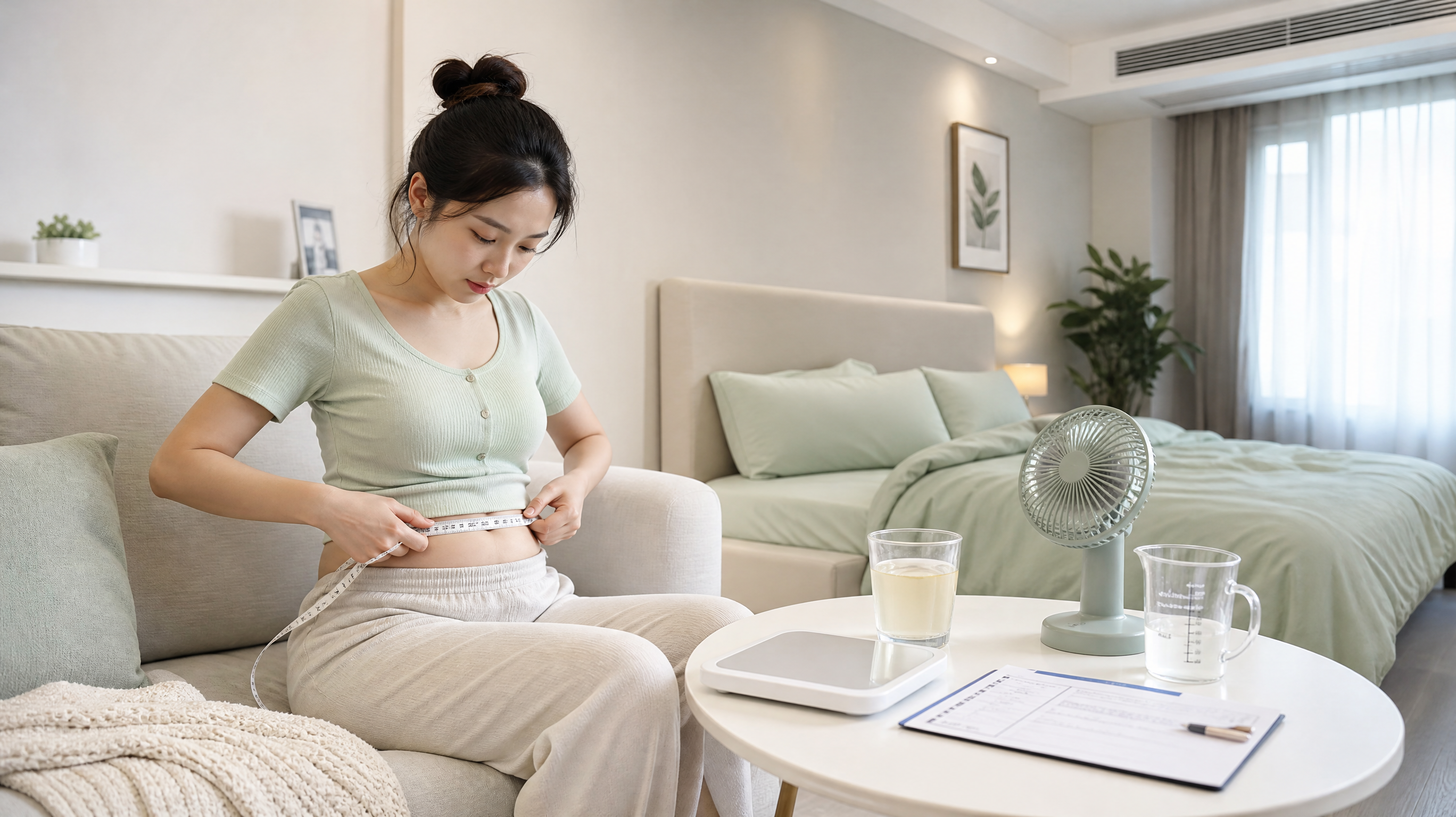 现代家庭卧室与客厅结合的生活场景，中国年轻女性穿刺术后在家休息，坐在沙发上用软尺在肚脐水平测量腹围，旁