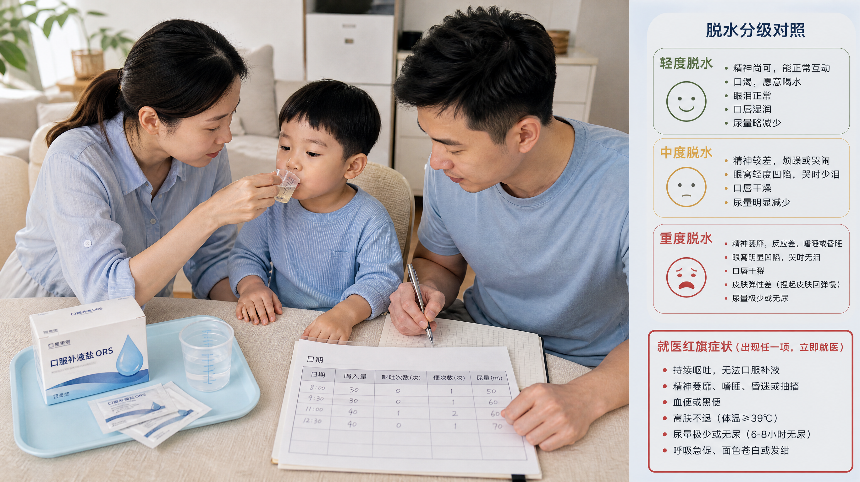 中国年轻父母在家中明亮整洁的餐桌旁照护一位中国学龄前儿童（3-6岁），妈妈用带刻度的小杯子每1-2分