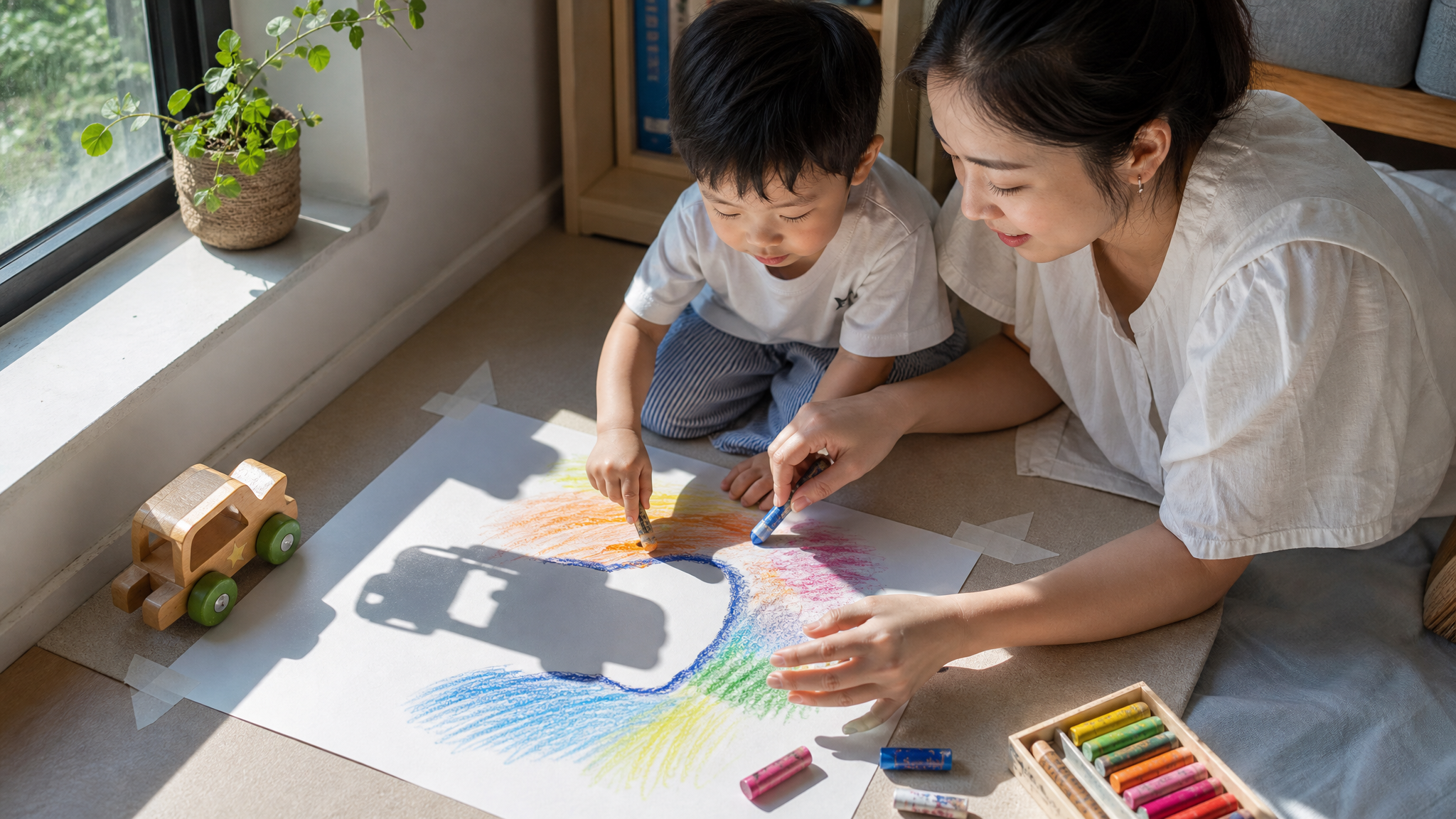 中国年轻妈妈与中国2岁幼儿在家中窗边进行亲子美术活动，窗台上有阳光照射，玩具小汽车在窗边投下清晰阴影