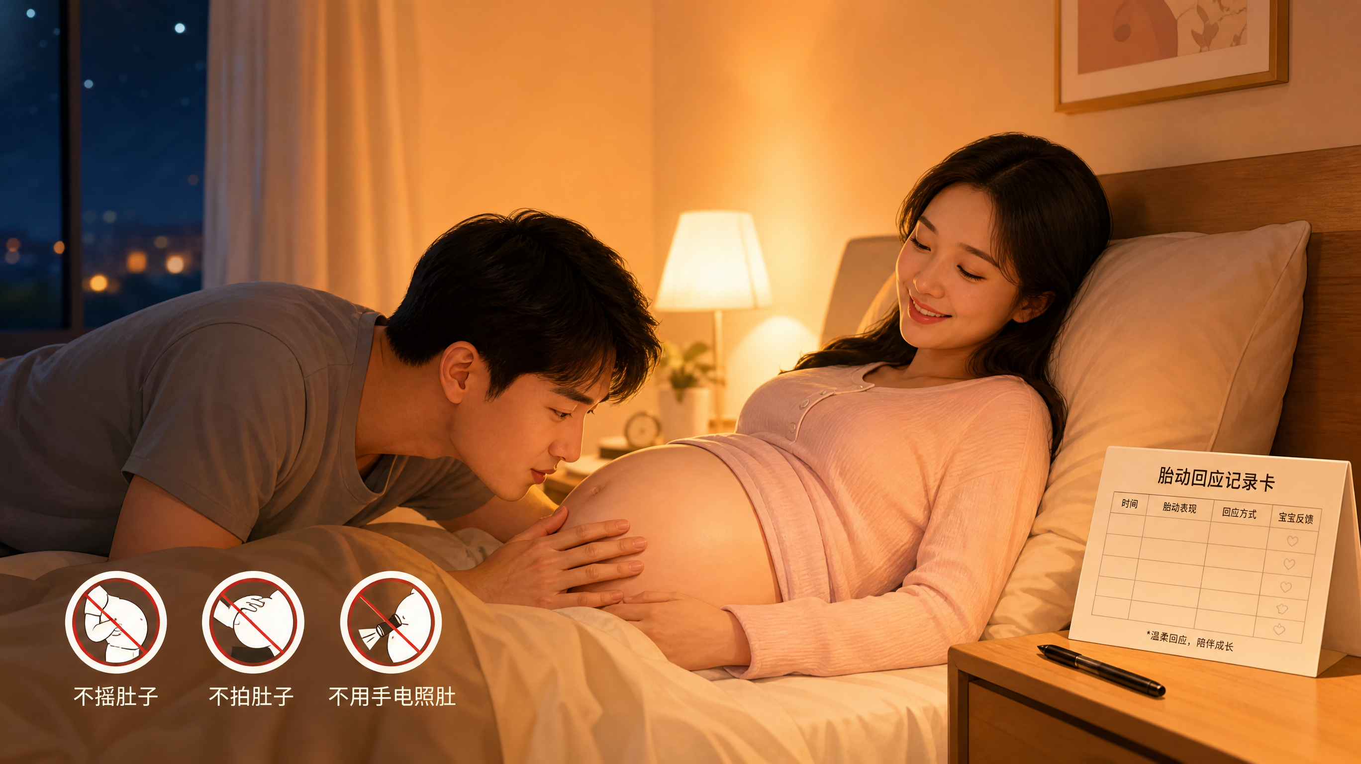 中国年轻准爸爸与孕妈在卧室夜间场景，暖橘色床头灯光，准爸爸侧身轻轻把手贴在孕妈隆起的腹部并贴近肚皮低