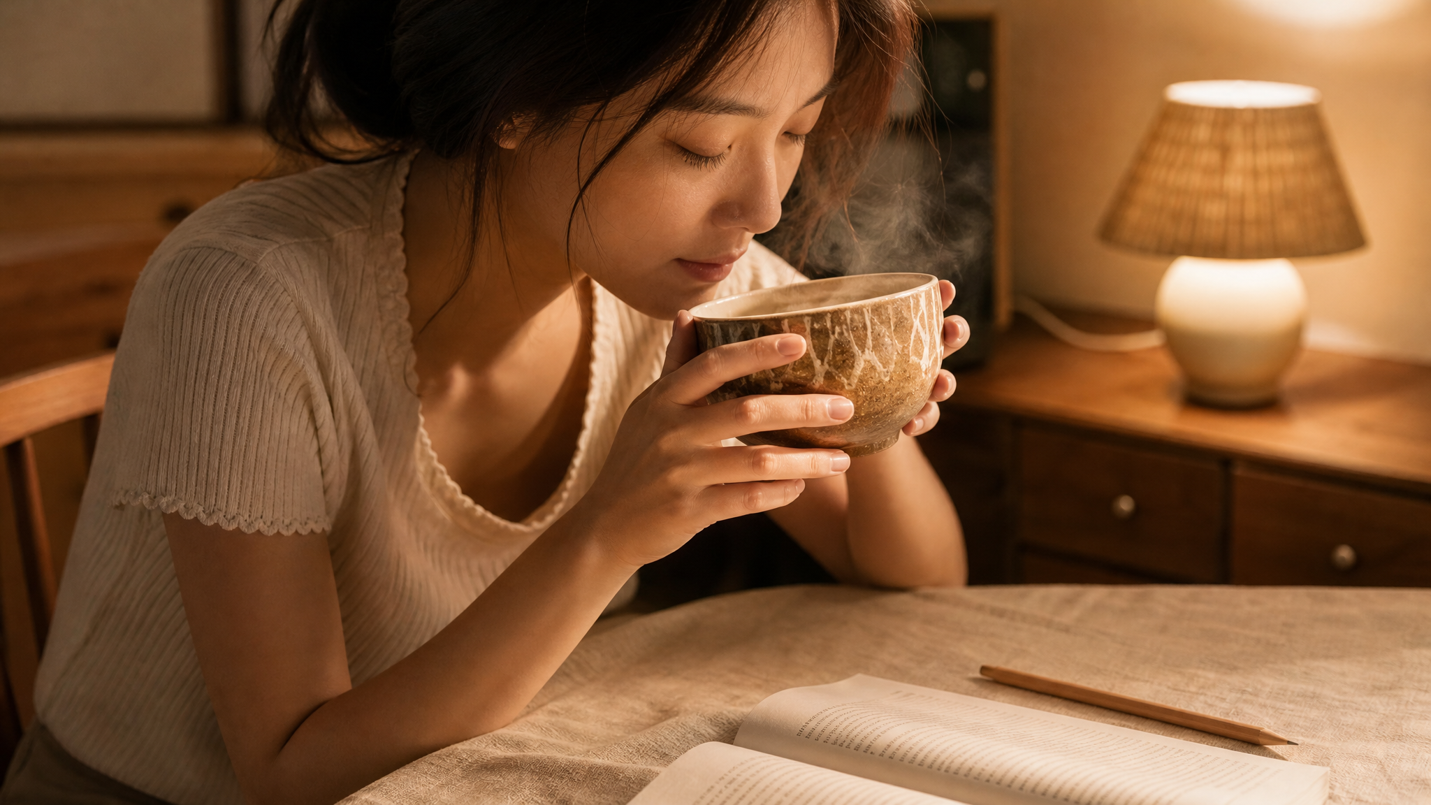 盛夏夜晚的室内小桌场景，中国年轻女性居家放松，穿简洁居家针织上衣，坐在木质桌旁双手捧着矮胖陶杯轻轻闻