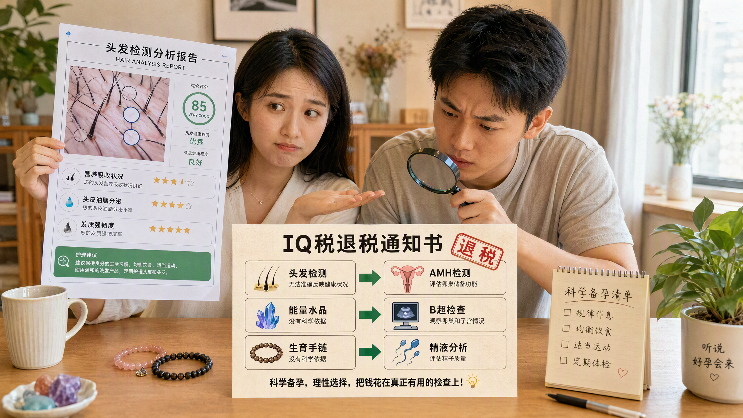 中国年轻夫妻在明亮的居家餐桌前,一位中国年轻女性手里拿着一张夸张的“毛发检测报告单”露出无奈表情,中