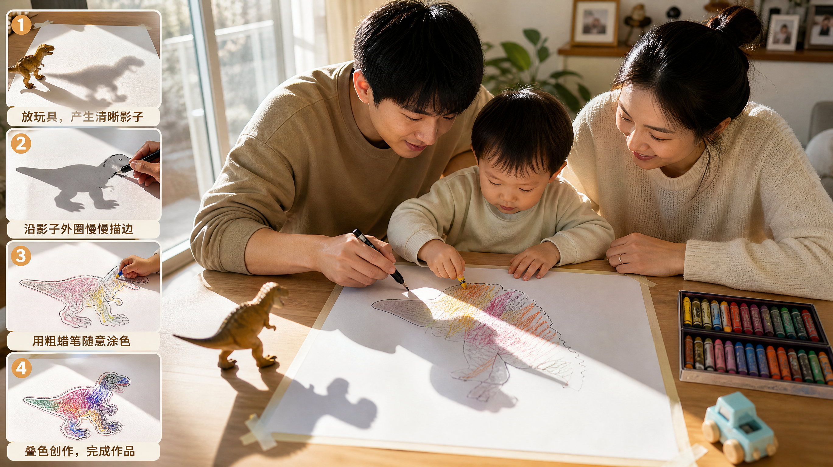 中国年轻爸爸妈妈在家中窗边陪中国1-3岁幼儿做光影涂鸦，阳光从窗户斜射形成清晰影子，桌面铺着A3白纸