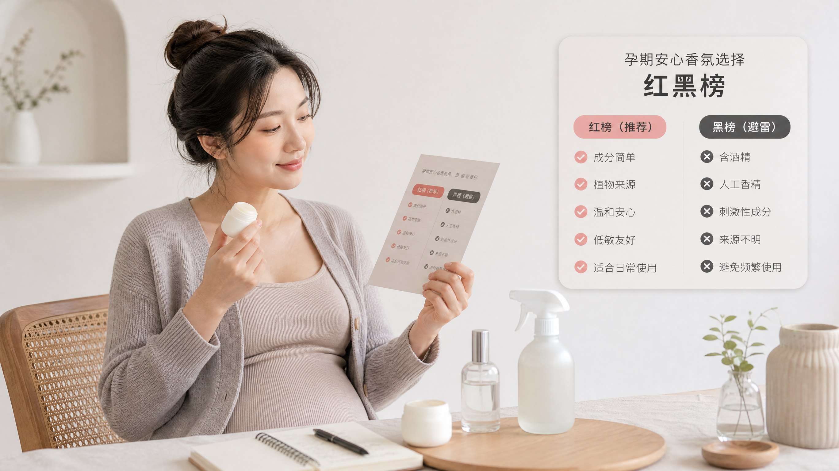 中国孕妈在明亮干净的室内桌面前做香氛选择对比，人物为中国年轻孕妇，穿低饱和针织开衫，坐姿放松，手拿一