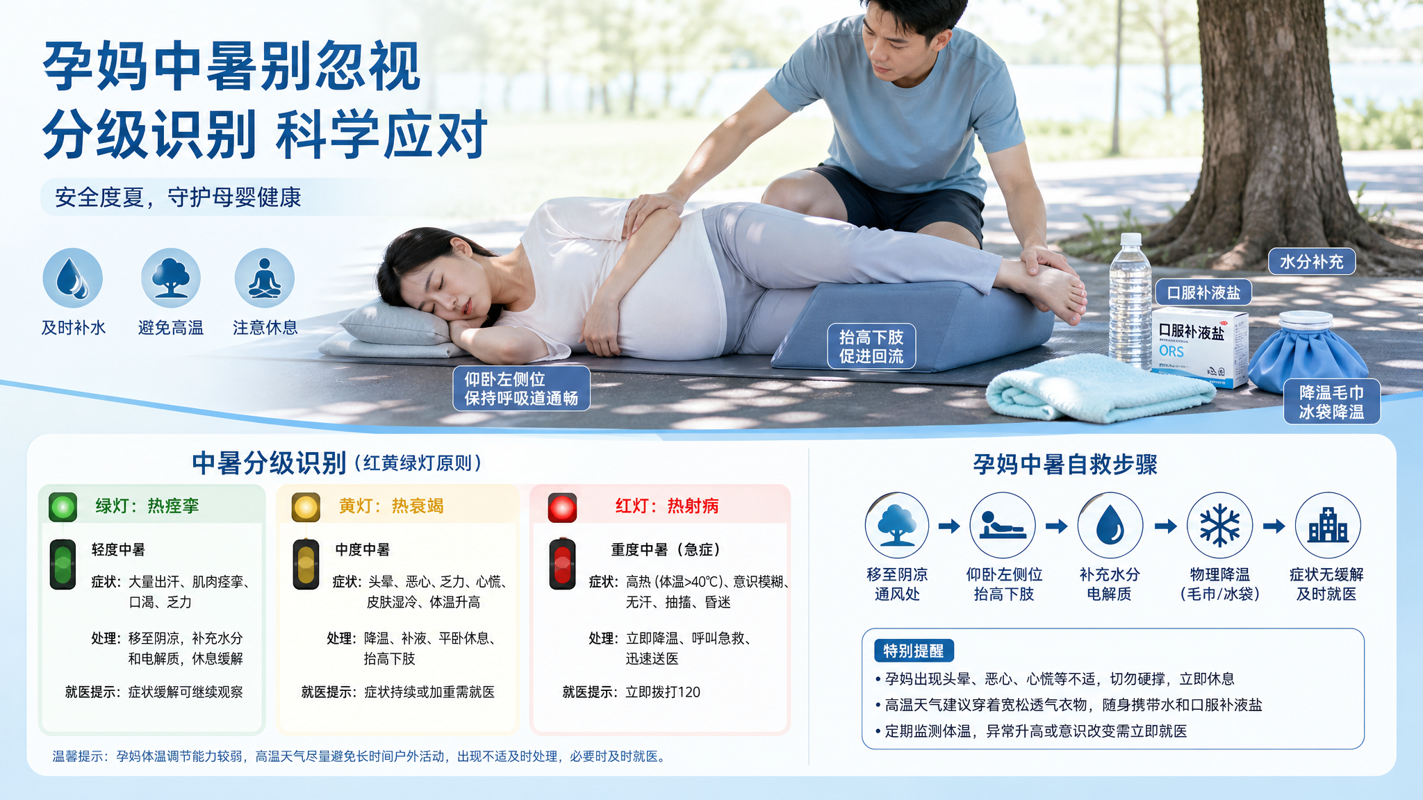 中国孕妇在夏日户外活动后出现头晕不适,家属在阴凉处协助她采取仰卧左侧位并抬高下肢,旁边放置口服补液盐