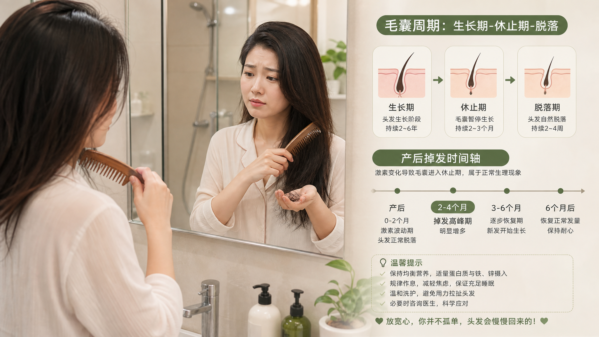 中国年轻妈妈在家庭浴室镜子前，穿着简洁家居服，手持宽齿梳从发梢轻轻梳起，另一只手拿着少量掉落的头发，