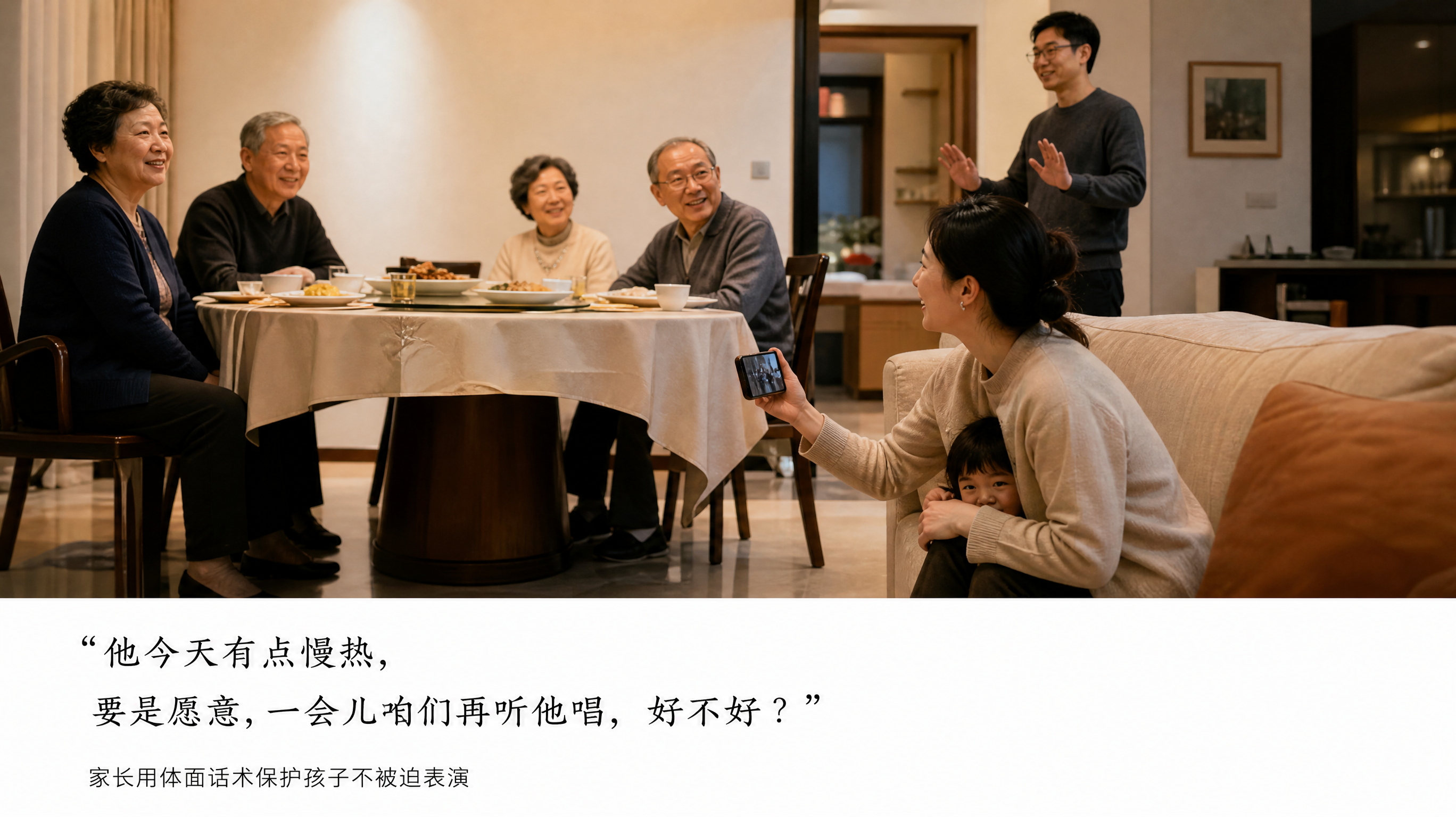 中国家庭聚会的餐厅与客厅相连场景，圆桌饭局氛围自然，几位中国长辈坐在餐桌旁微笑看向一侧；画面侧前景是