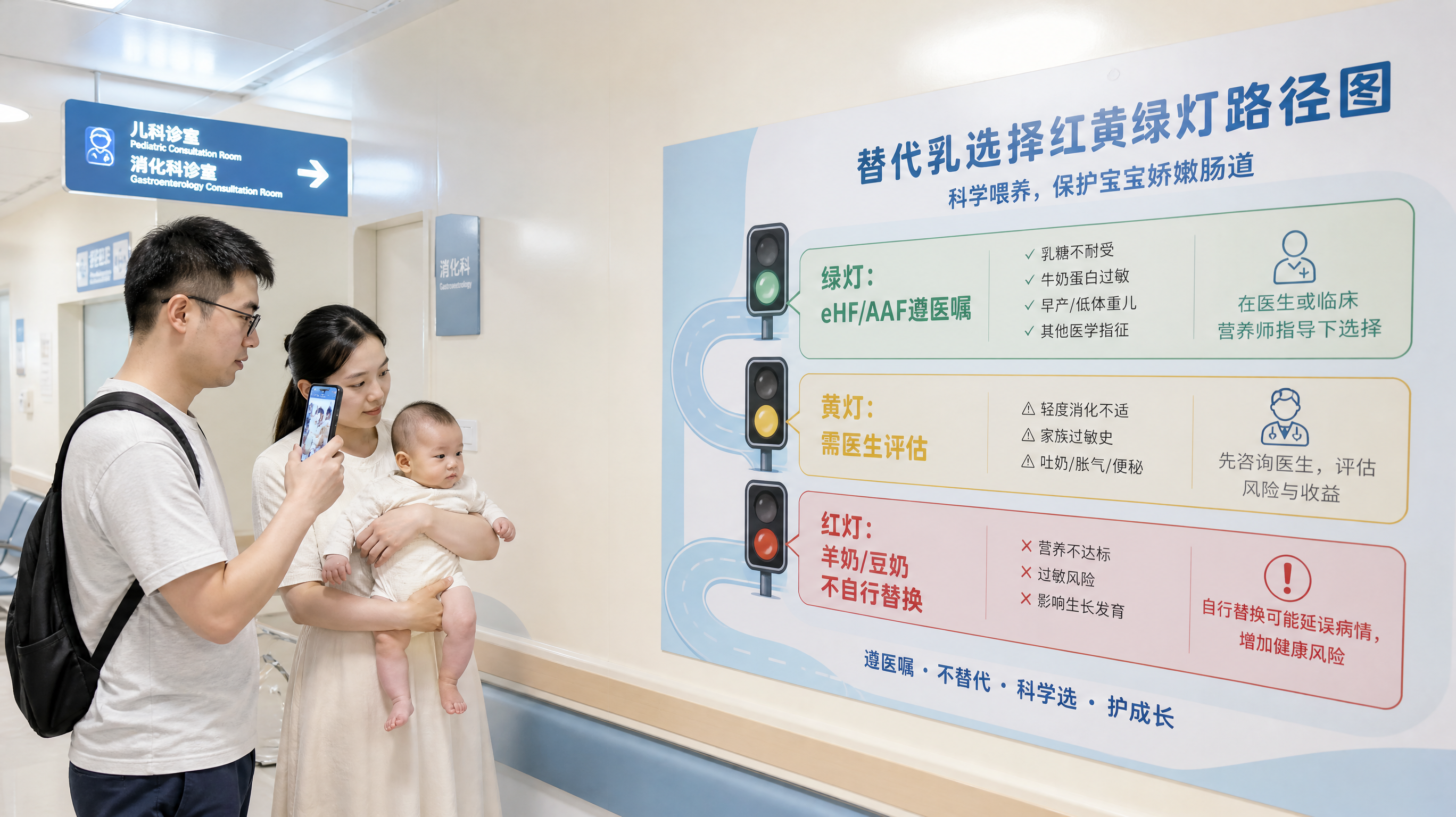 中国年轻父母在儿科诊室外的走廊里，妈妈抱着中国婴儿，爸爸拿手机记录宝宝皮疹与便便情况，画面中心是一张