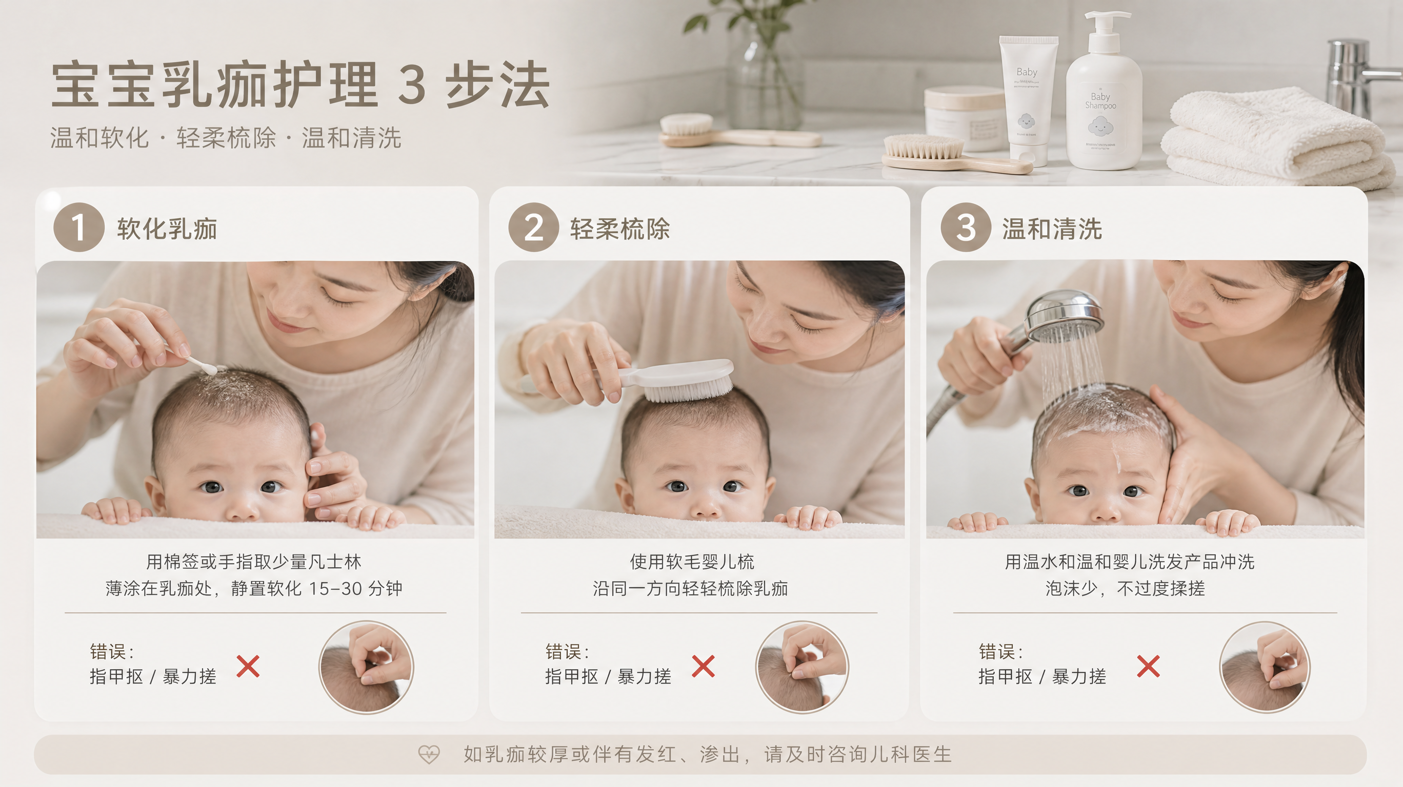 乳痂别抠别狠搓：凡士林软化后单向梳除就够了