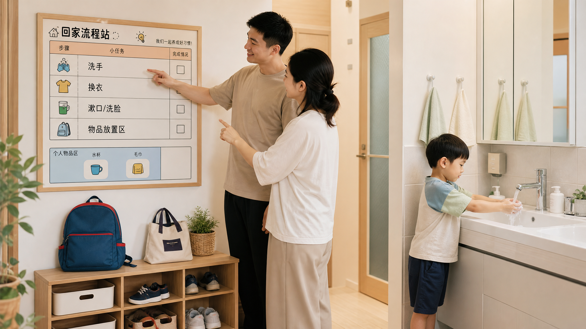 中国年轻爸爸妈妈在家中玄关布置“回家流程站”，墙上有项目管理看板风格的清单（洗手、换衣、漱口/洗脸、