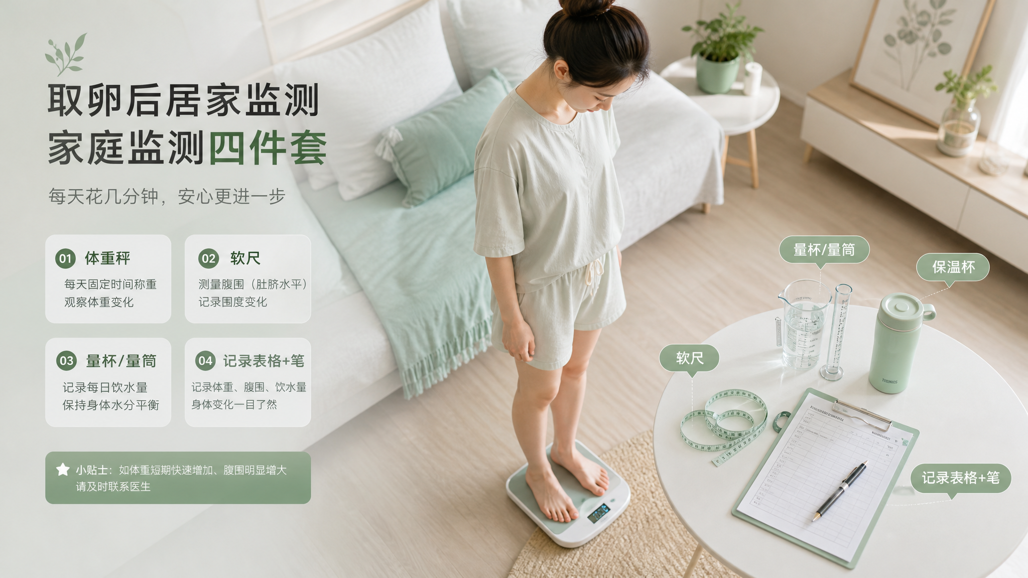 中国年轻女性在夏季明亮整洁的卧室/客厅里进行术后居家监测，人物穿宽松家居服，正在用体重秤称重，旁边