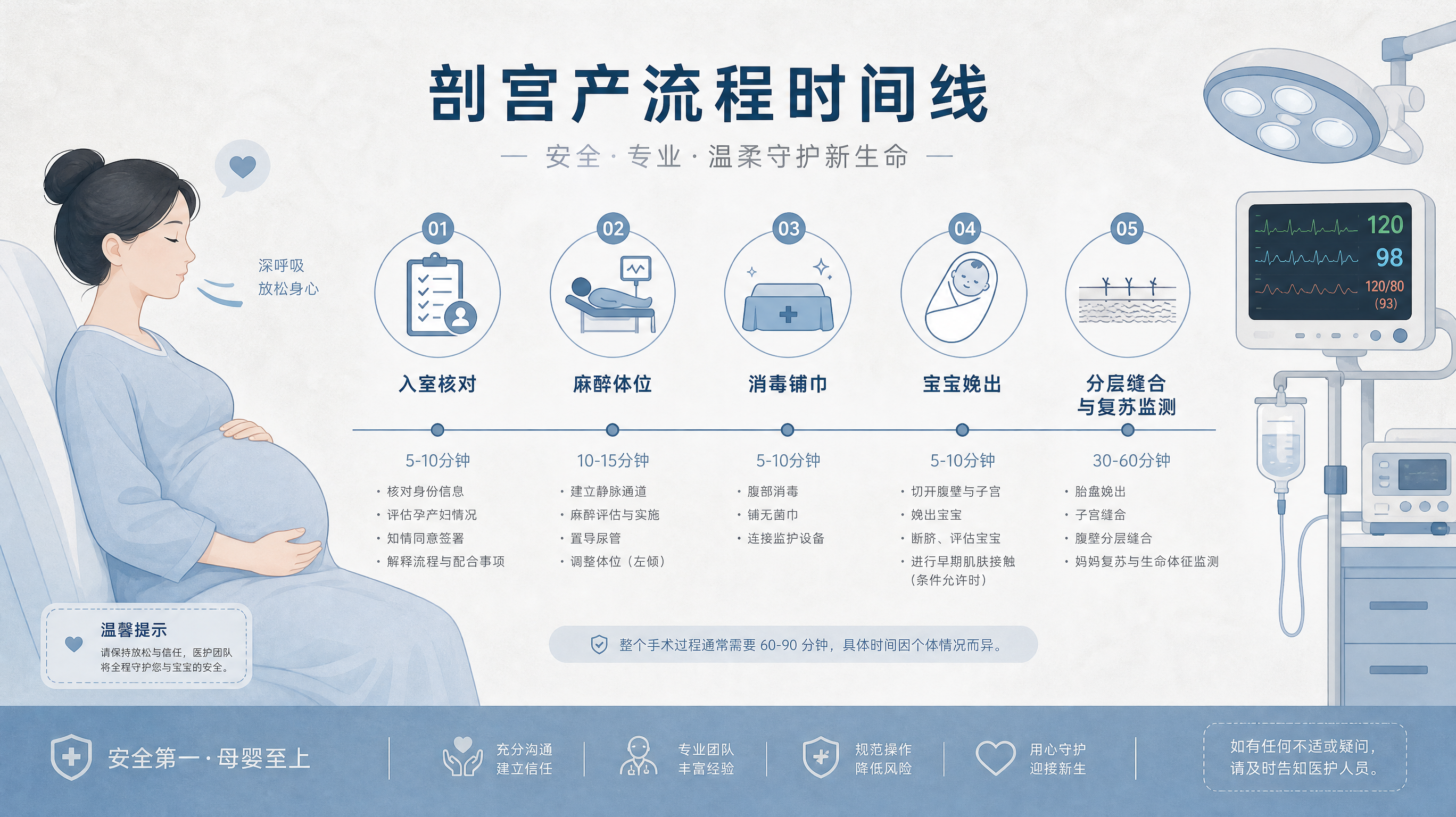 冷灰与蓝色说明书风的医疗科普插画海报，一张“剖宫产流程时间线”长图，画面中以极简图标展示五个节点：入