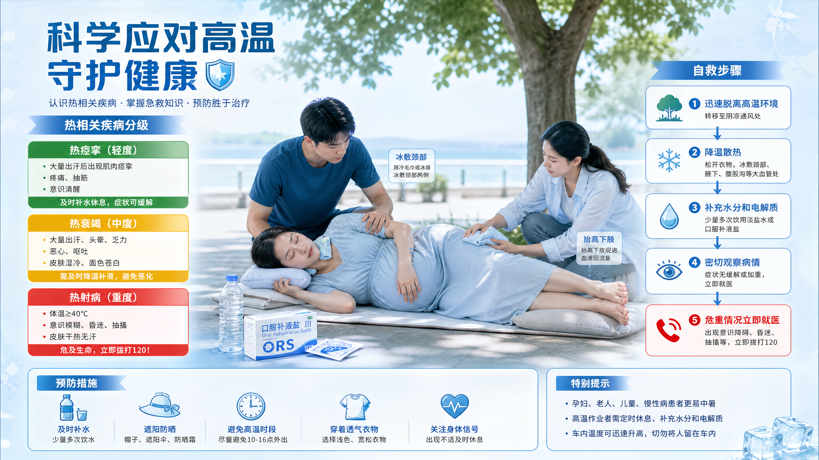 中国孕妇在夏季户外活动后出现头晕不适，被中国年轻男性伴侣搀扶转移到树荫下，孕妇仰卧左侧位并抬高下肢，