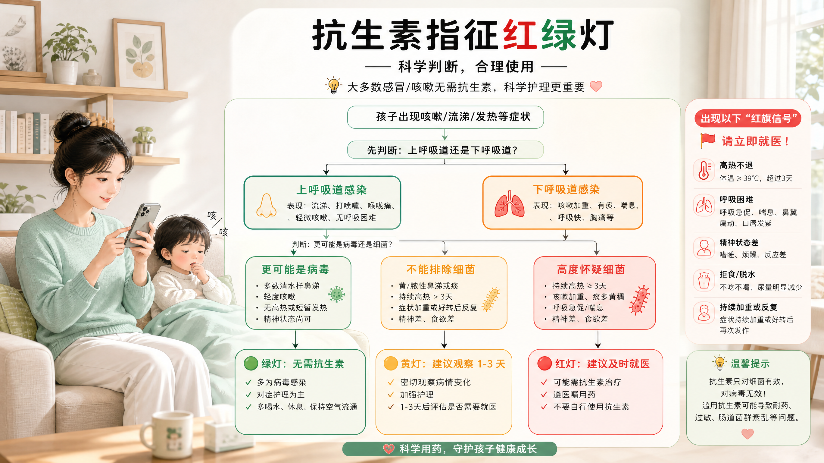竖版信息图风格插画，在明亮整洁的中国家庭客厅里，一位中国年轻妈妈拿着手机查看“抗生素指征红绿灯”流程