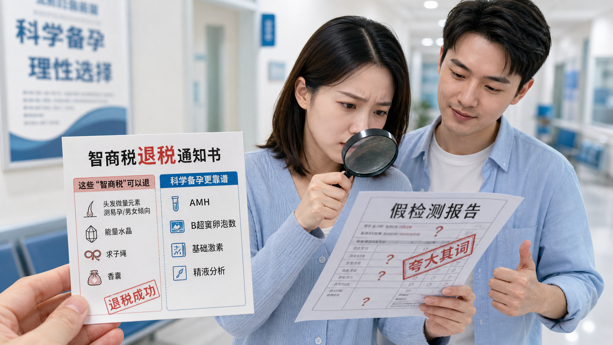 场景为中国城市公立医院风格的明亮走廊或诊室外，画面前景是一张“智商税退税通知书”风格的卡片被放在手中