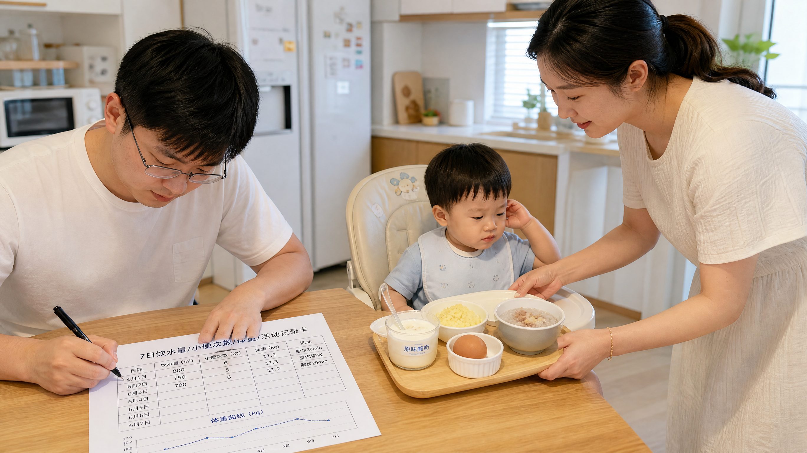 中国年轻父母在家中餐桌旁照顾一位中国幼儿，爸爸拿着记录表在填写“7日饮水量/小便次数/体重/活动”数