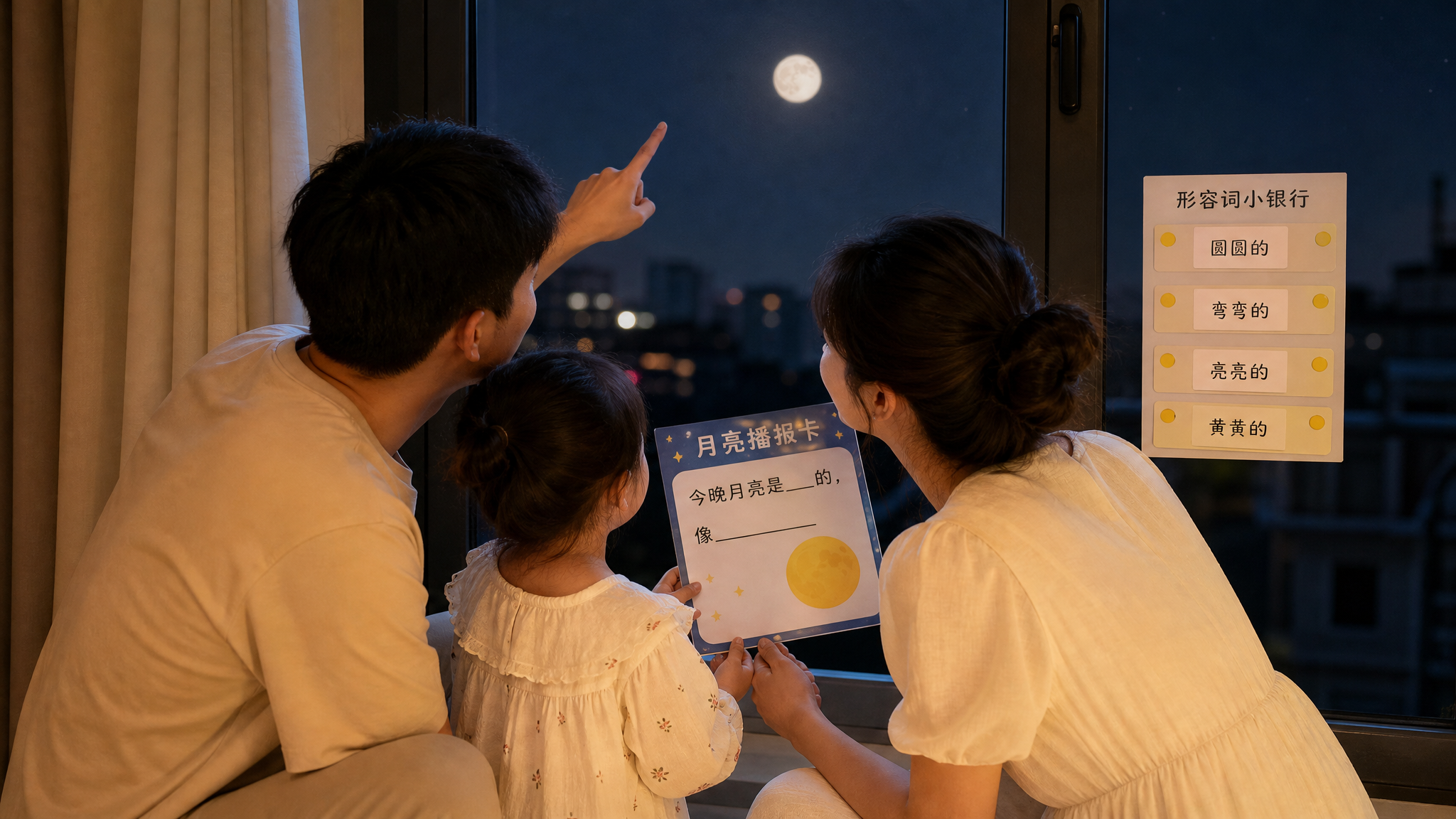 中国年轻父母在阳台或窗边陪一位中国幼儿一起观察夜空中的月亮，父母蹲下与孩子平视，手指向窗外月亮，孩子