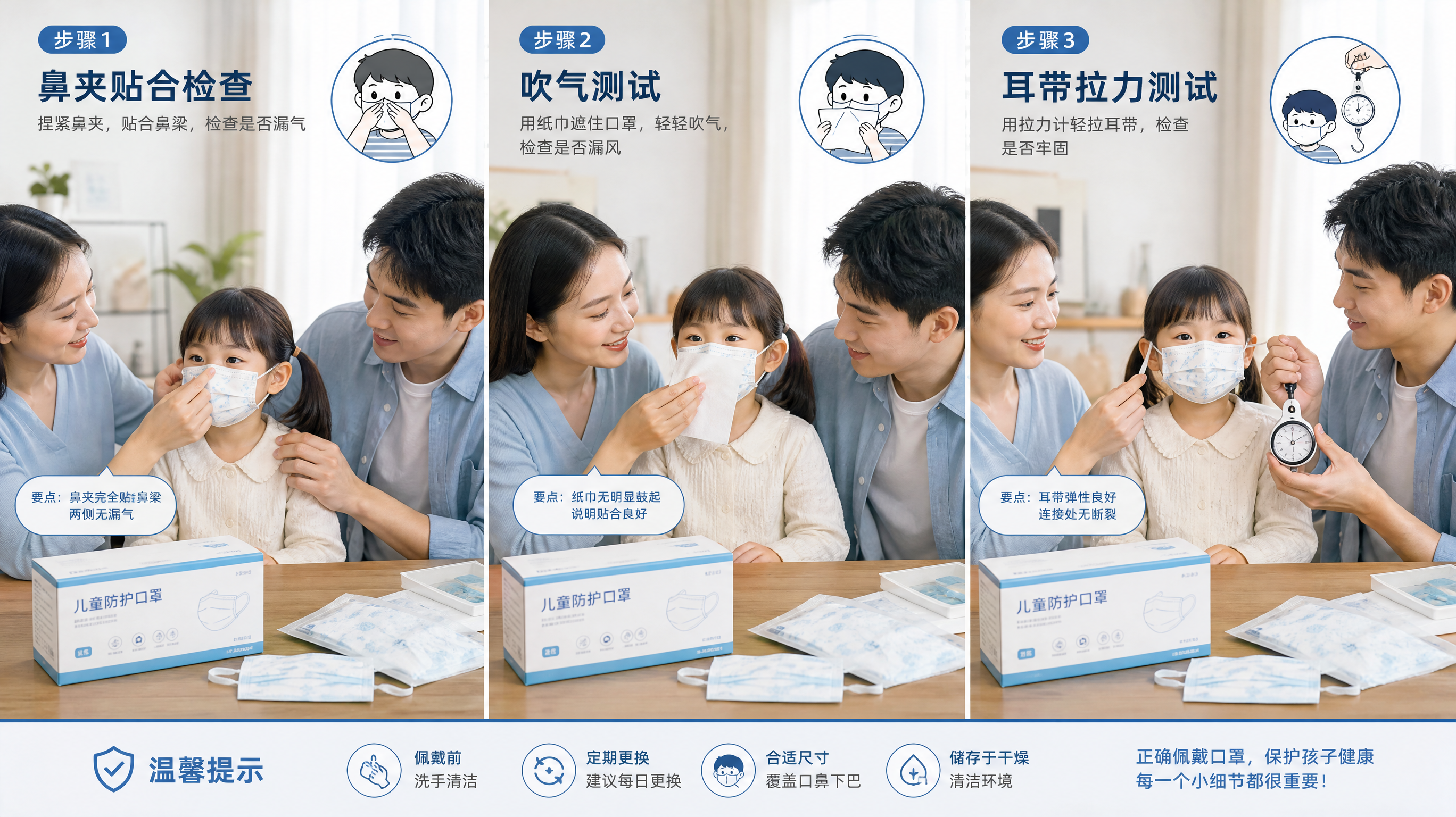 中国年轻父母在家中明亮餐桌旁为中国学龄前儿童试戴儿童口罩,画面分为三栏对比构图:左侧展示鼻夹捏合贴合