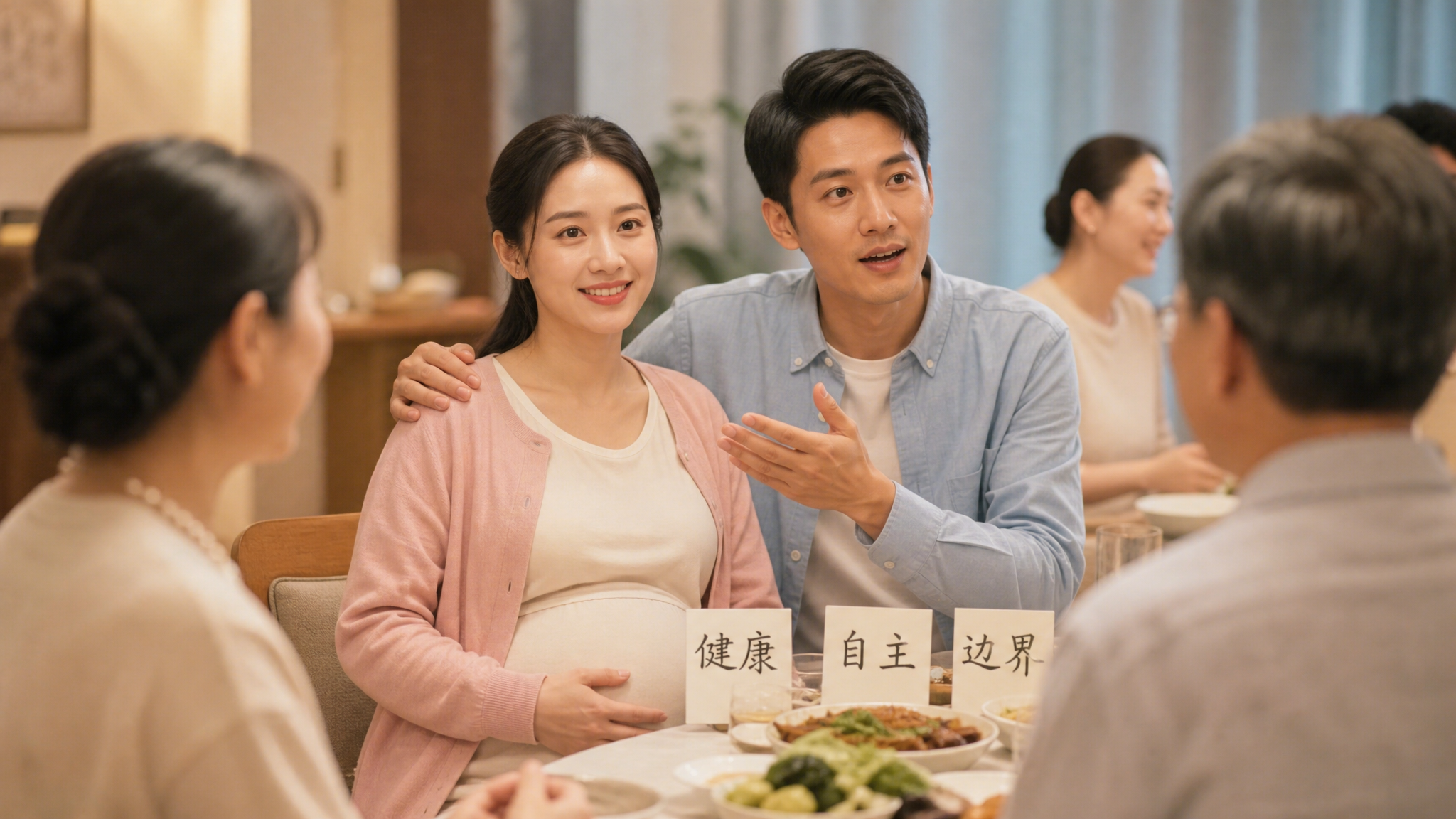 中国家庭聚会餐桌场景，年轻中国孕妈坐在桌边微笑但表情坚定，旁边中国准爸爸自然地把手轻放在她肩上、正和