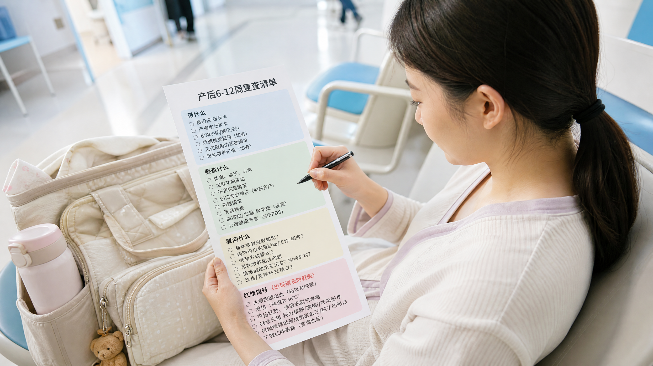 中国年轻妈妈坐在医院妇产科候诊区的座椅上，身旁放着母婴包与水杯，妈妈手里拿着一张“产后6-12周复查