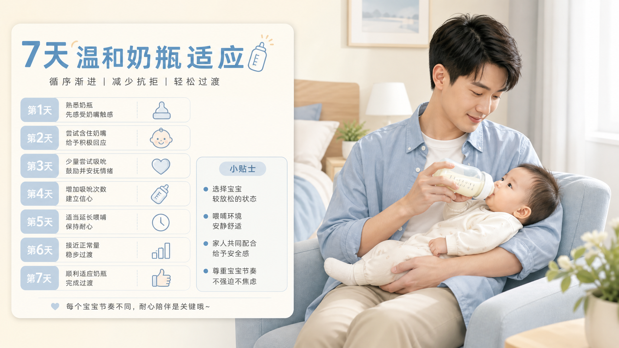 返岗前宝宝拒奶瓶别硬灌：7天温和过渡法