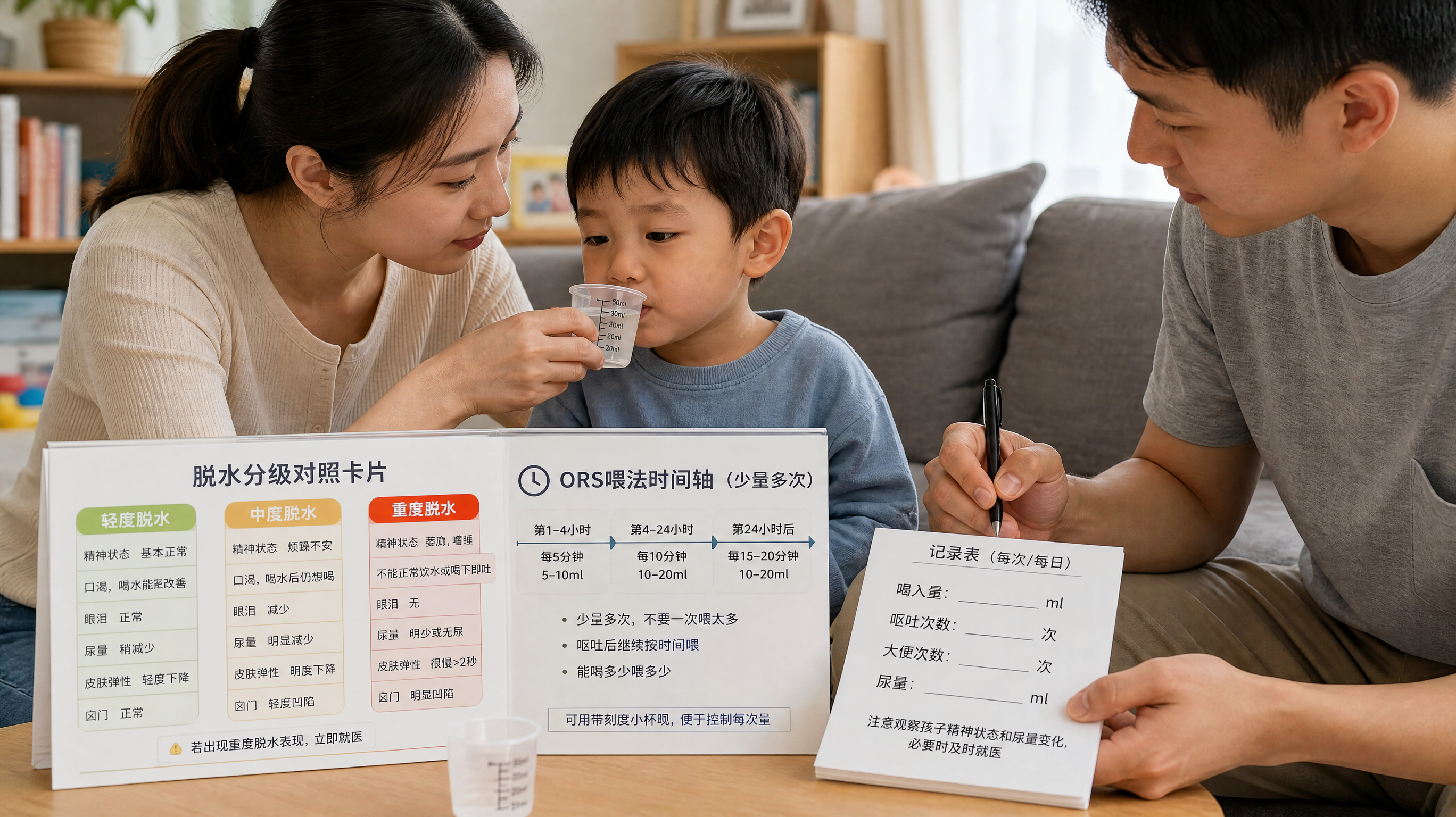 中国年轻父母在家中明亮整洁的客厅照顾一位3-6岁中国儿童，孩子坐在沙发旁略显疲惫但清醒，妈妈用带刻度