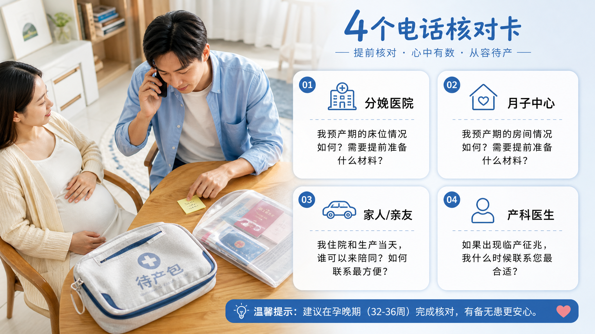 清爽蓝白医院信息风的四宫格清单海报，场景为中国三口之家家中餐桌旁，中国孕晚期妈妈坐着休息，中国准爸爸