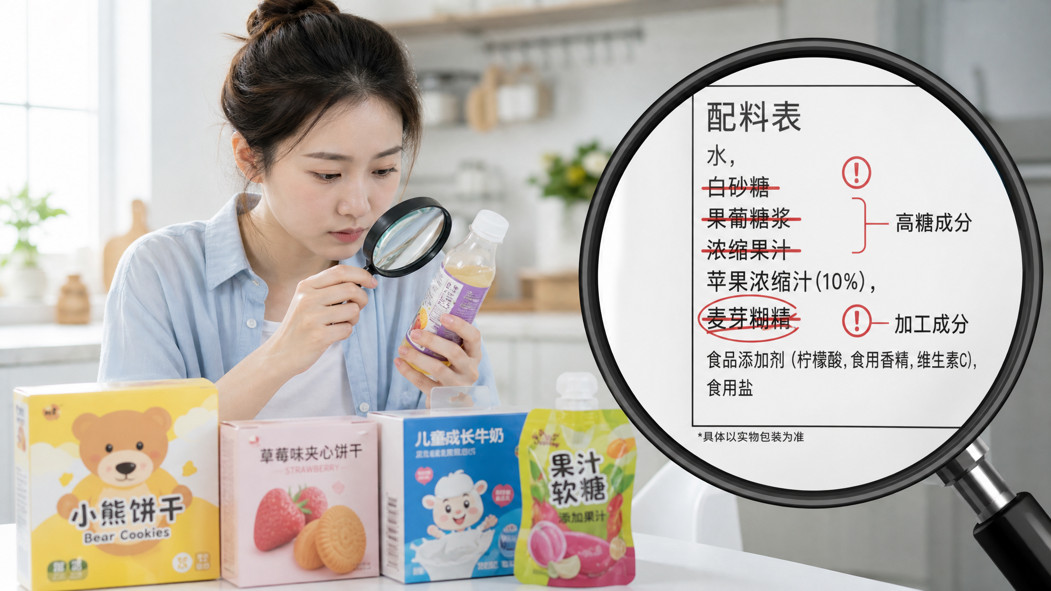 中国年轻妈妈在明亮的厨房餐桌前，用放大镜查看一瓶儿童饮料的配料表标签，旁边摆放几种常见儿童零食包装，