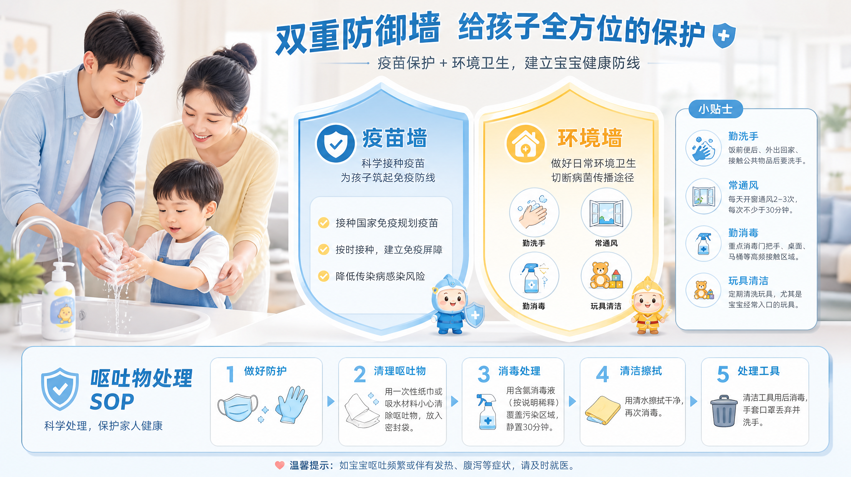 竖版信息图海报风格，画面中心是“双重防御墙”概念：左侧“疫苗墙”用盾牌图形表示，右侧“环境墙”用洗手