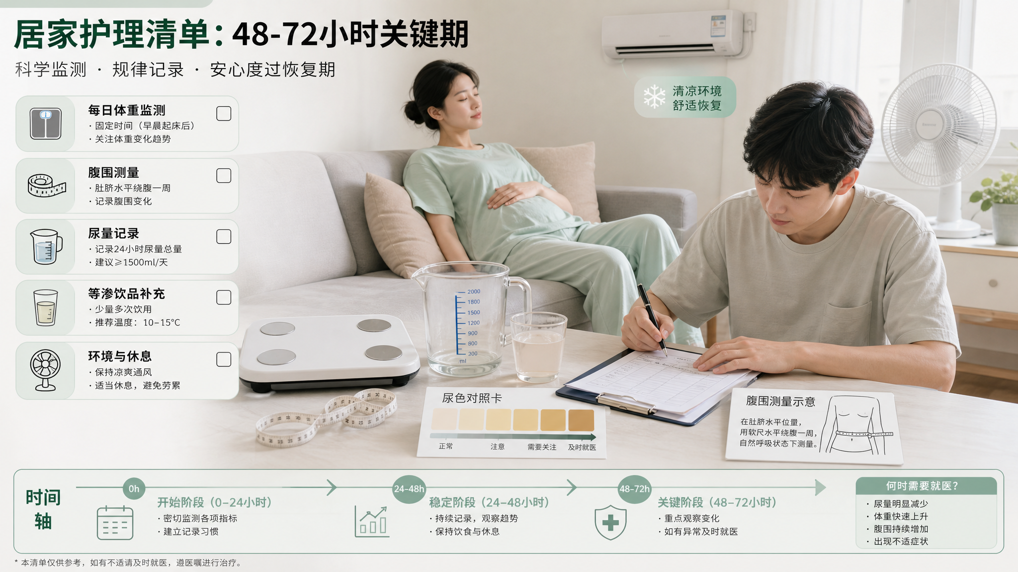 极简清单式长图信息海报风格,场景为中国家庭卧室/客厅一角的居家护理台面,画面主体包含体重秤、软尺(腹