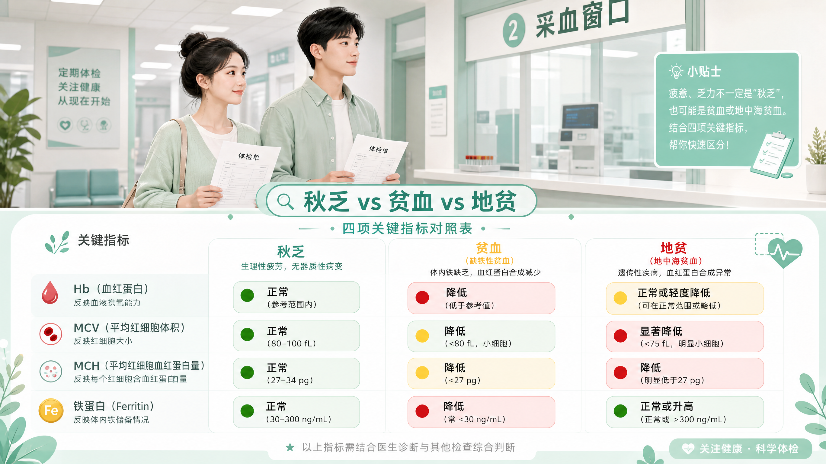 薄荷绿清爽信息图风格画面,中国年轻夫妻在医院体检中心的采血窗口前并排站立,夫妻各自拿着体检单,背景为