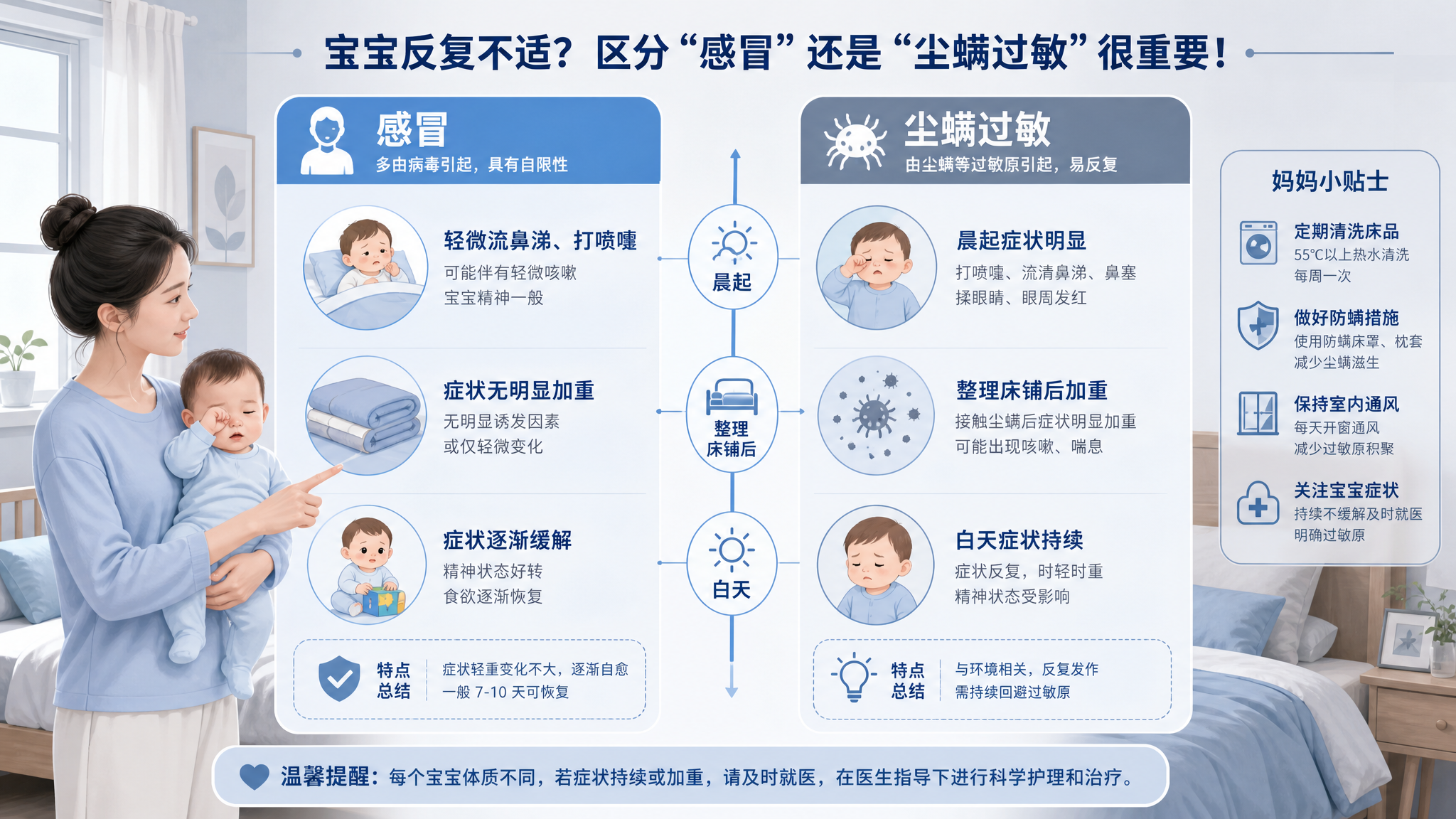 冷色调科普风信息图海报,画面分左右两栏对照“感冒 vs 尘螨过敏”,中间用时间轴展示“晨起、整理床铺
