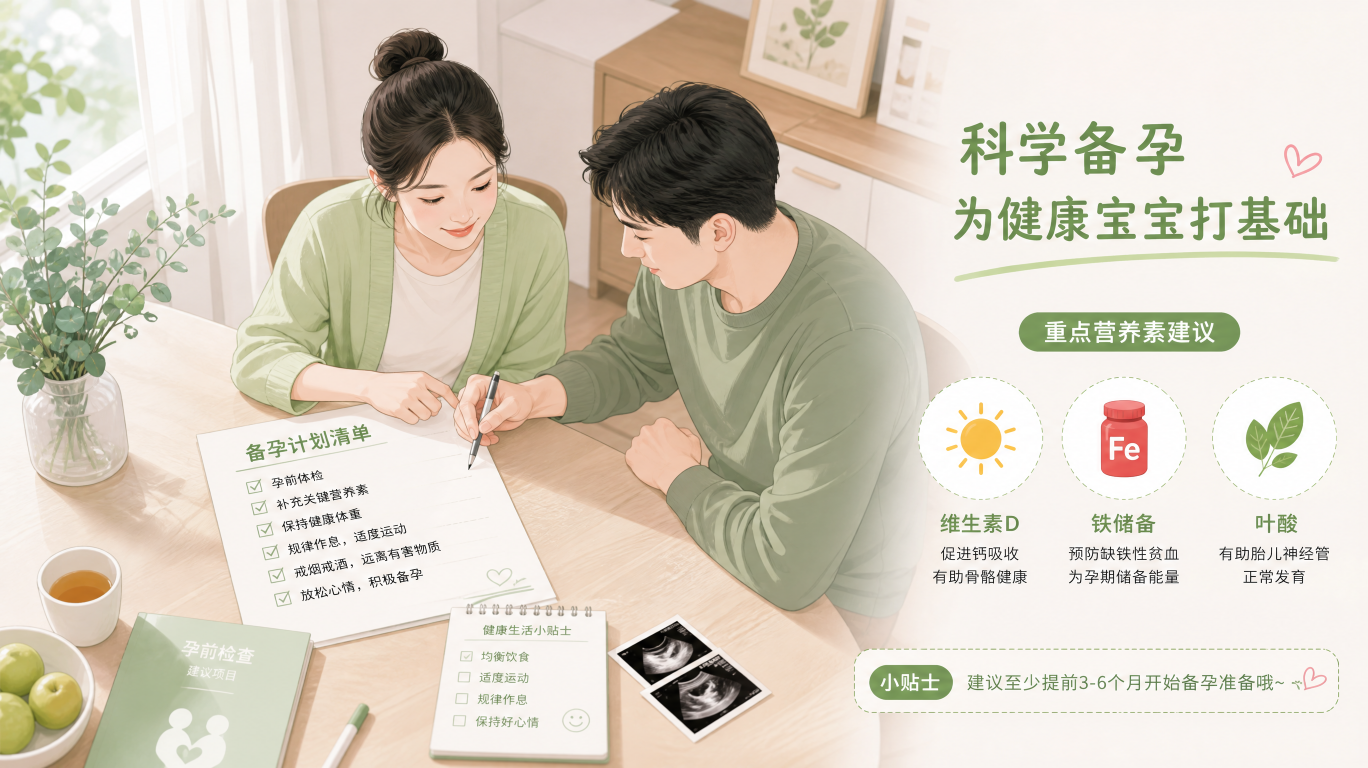 清淡米白与绿色为主色调的插画风健康科普配图，场景为中国年轻夫妻在家中餐桌旁做备孕计划，桌上有简洁的检