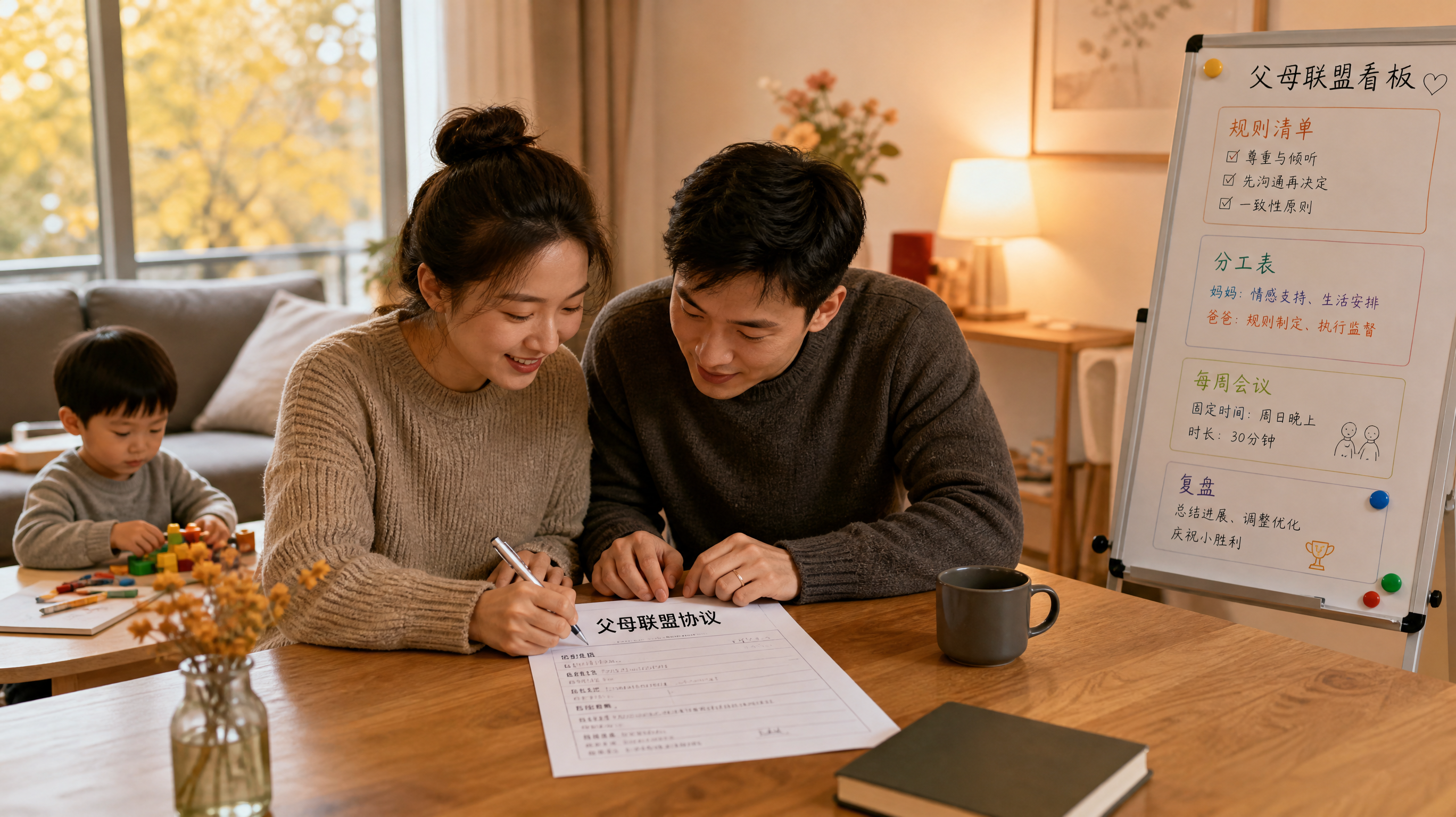 中国年轻父母在家中客厅的餐桌旁共同填写“父母联盟协议”纸张，旁边放着简洁的项目管理看板（写有规则清单