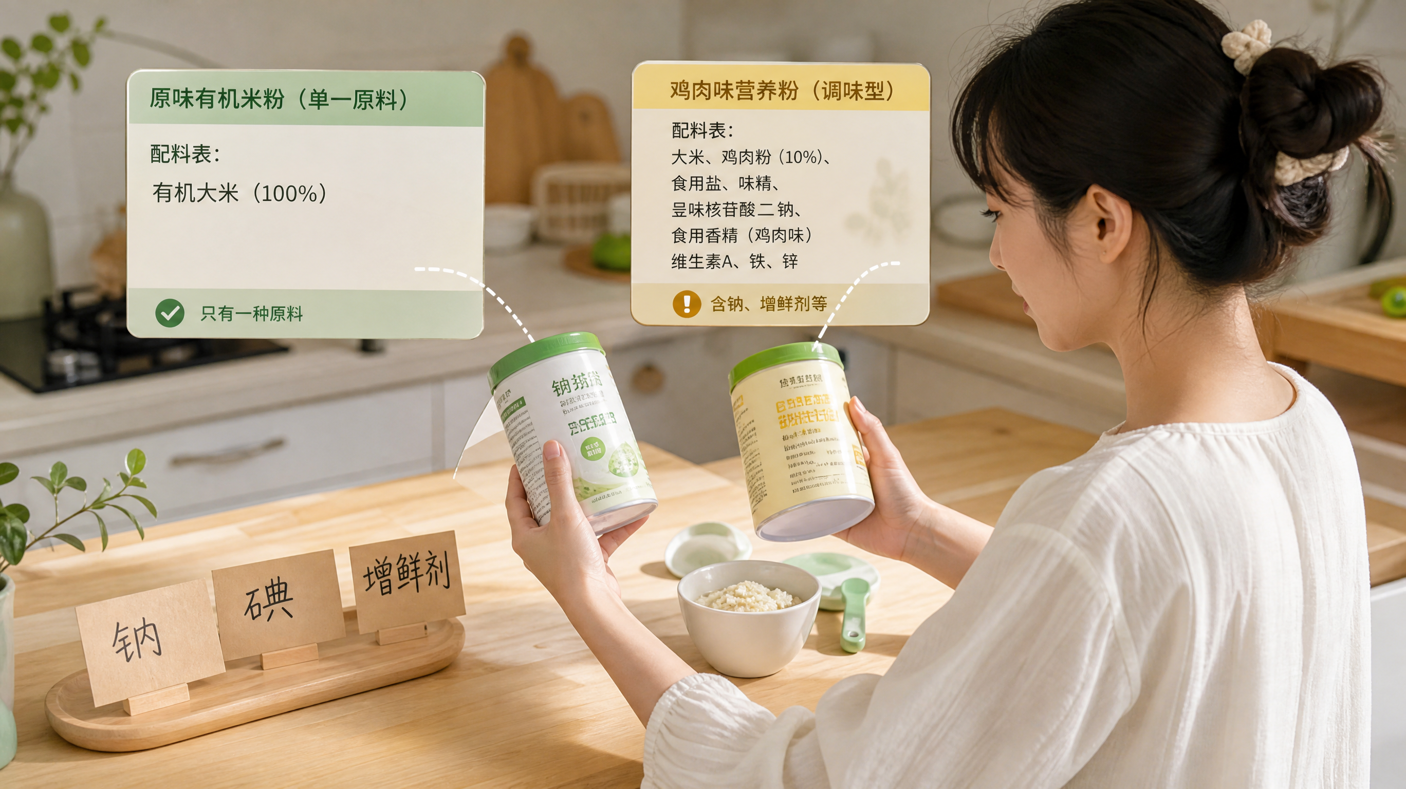 中国年轻妈妈在明亮整洁的家庭厨房台面前,手拿两罐儿童风味粉对比查看配料表,旁边放着小碗辅食和量勺,画
