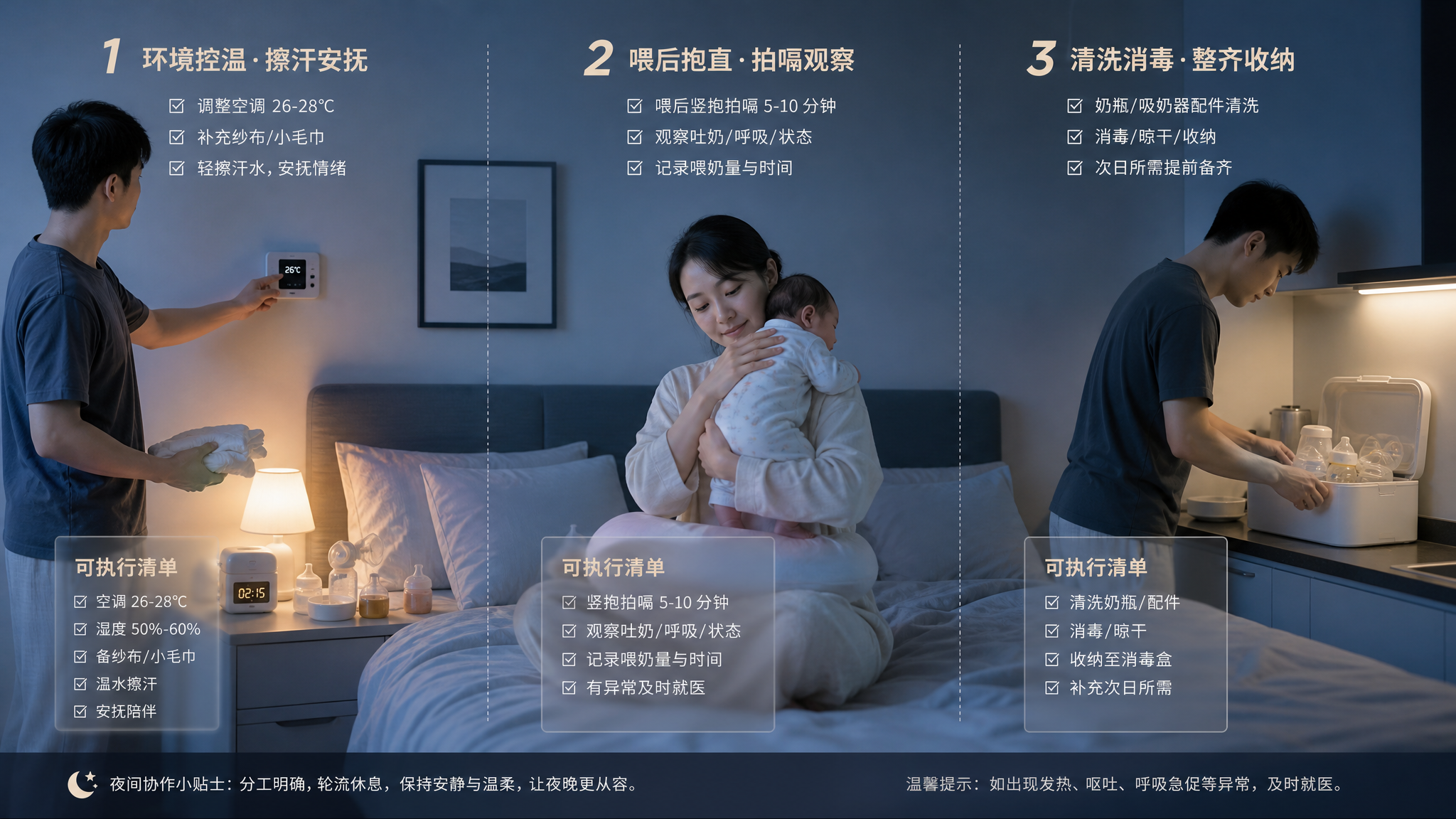 中国年轻父母在夜间卧室照护新生儿的纪实场景，爸爸站在床边调整空调温度并准备纱布与小毛巾，妈妈坐在床上