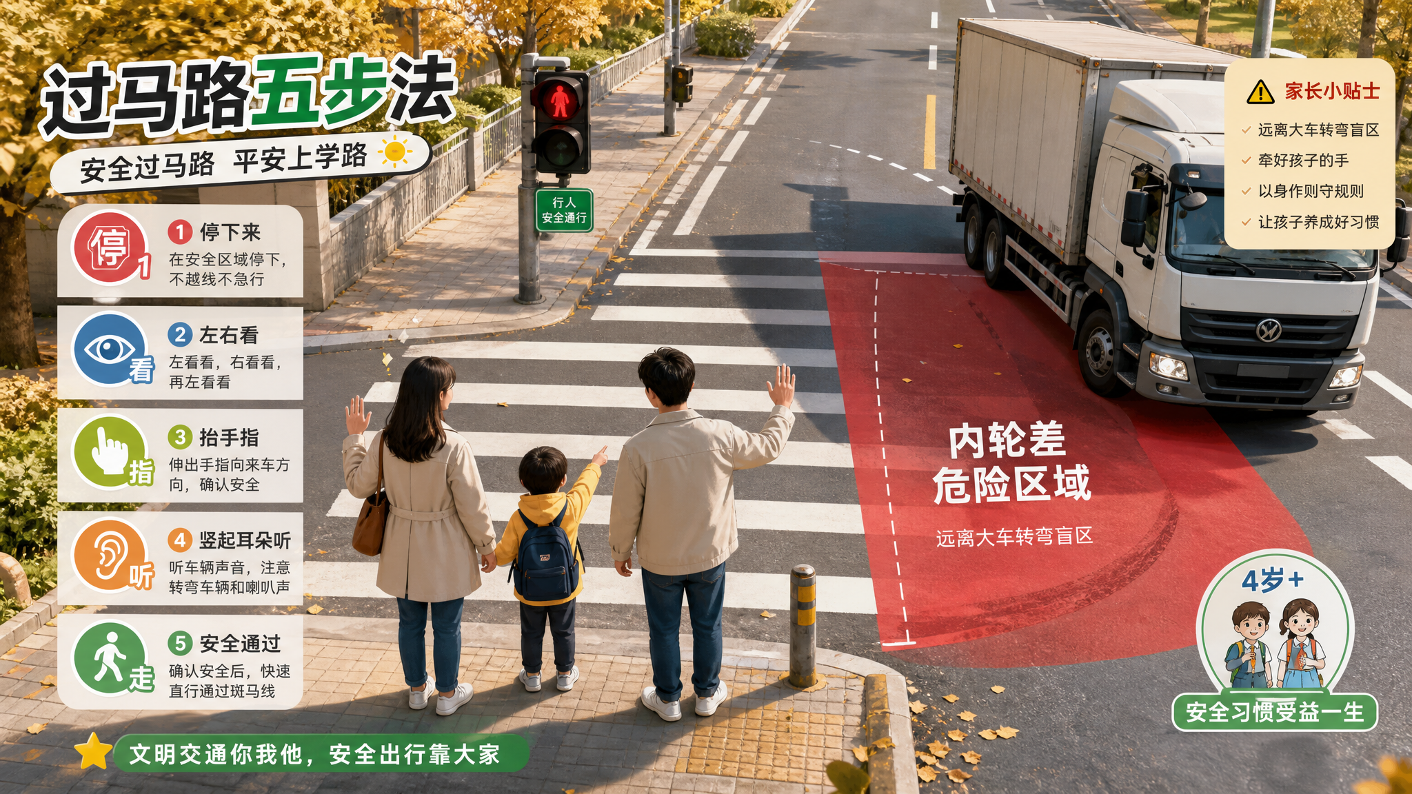 过马路别只牵手：教会孩子“停-看-指-听-走”