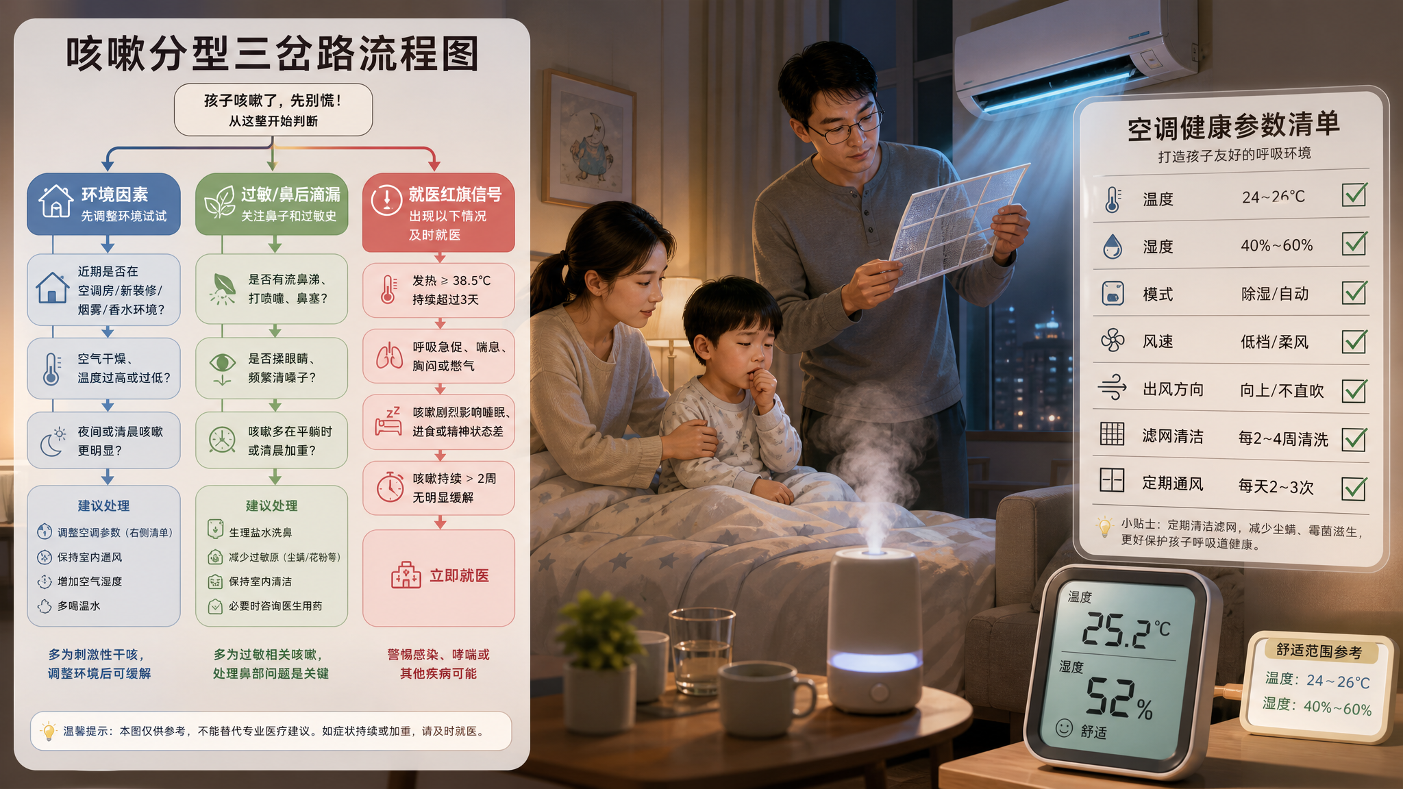 竖版信息图风格插画，场景为家庭卧室与客厅的组合画面，中国年轻父母在夜间照看一位中国学龄前儿童，孩子坐
