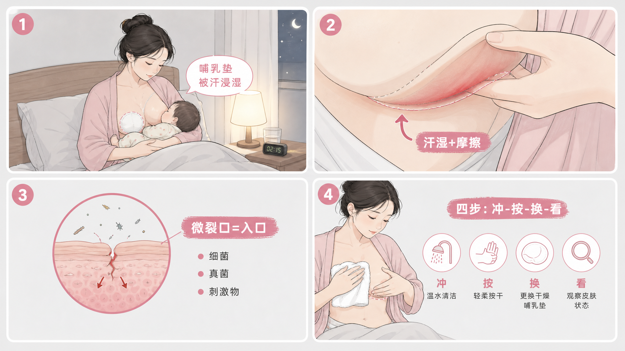 清爽手绘条漫风格,浅灰色背景,藕粉色重点标注动作与关键部位;画面分四格:1) 中国年轻哺乳期妈妈夜里
