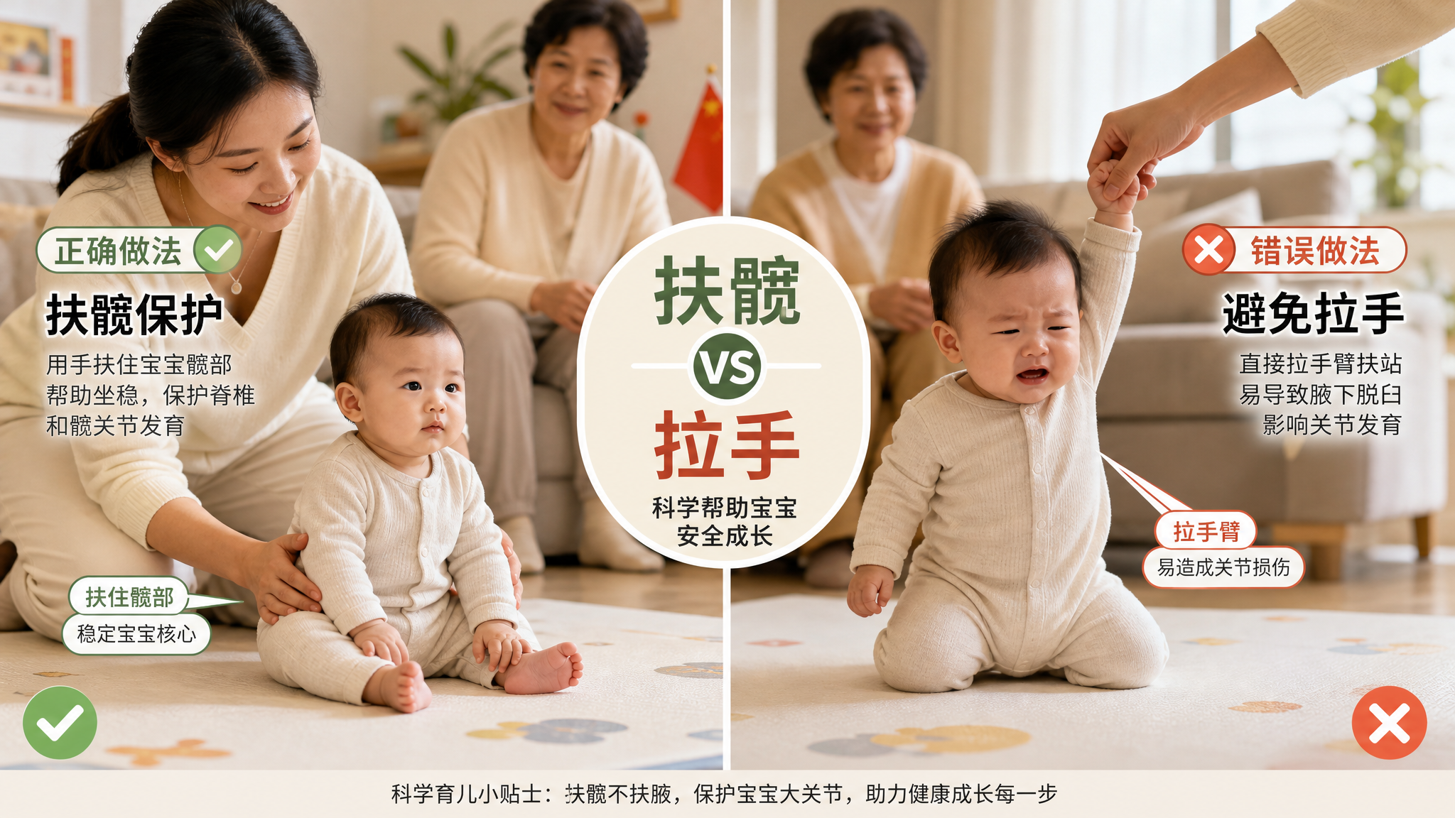 中国家庭客厅场景,国庆家庭聚会氛围但不过度节日化,前景为中国年轻妈妈半蹲在地垫旁,温柔扶住中国婴儿的
